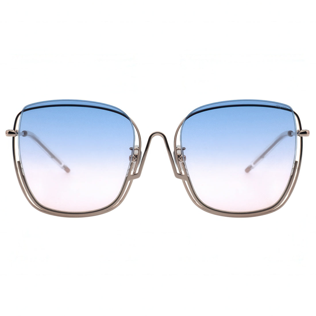 Sunglasses with blue pink gradient lenses and gold frame on a white background