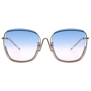 Sunglasses with blue pink gradient lenses and gold frame on a white background