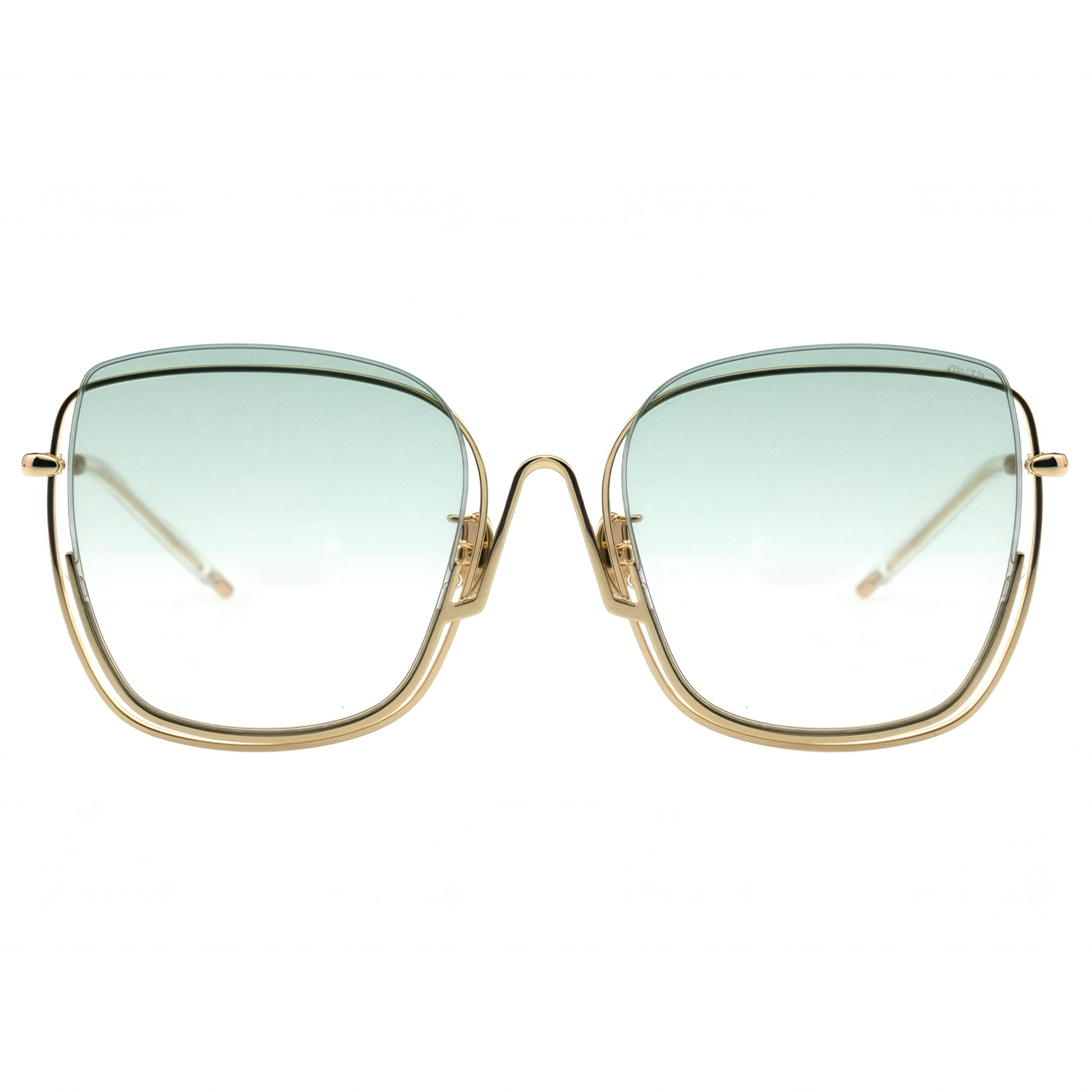 Sunglasses with gold frame and green gradient lenses on a white background
