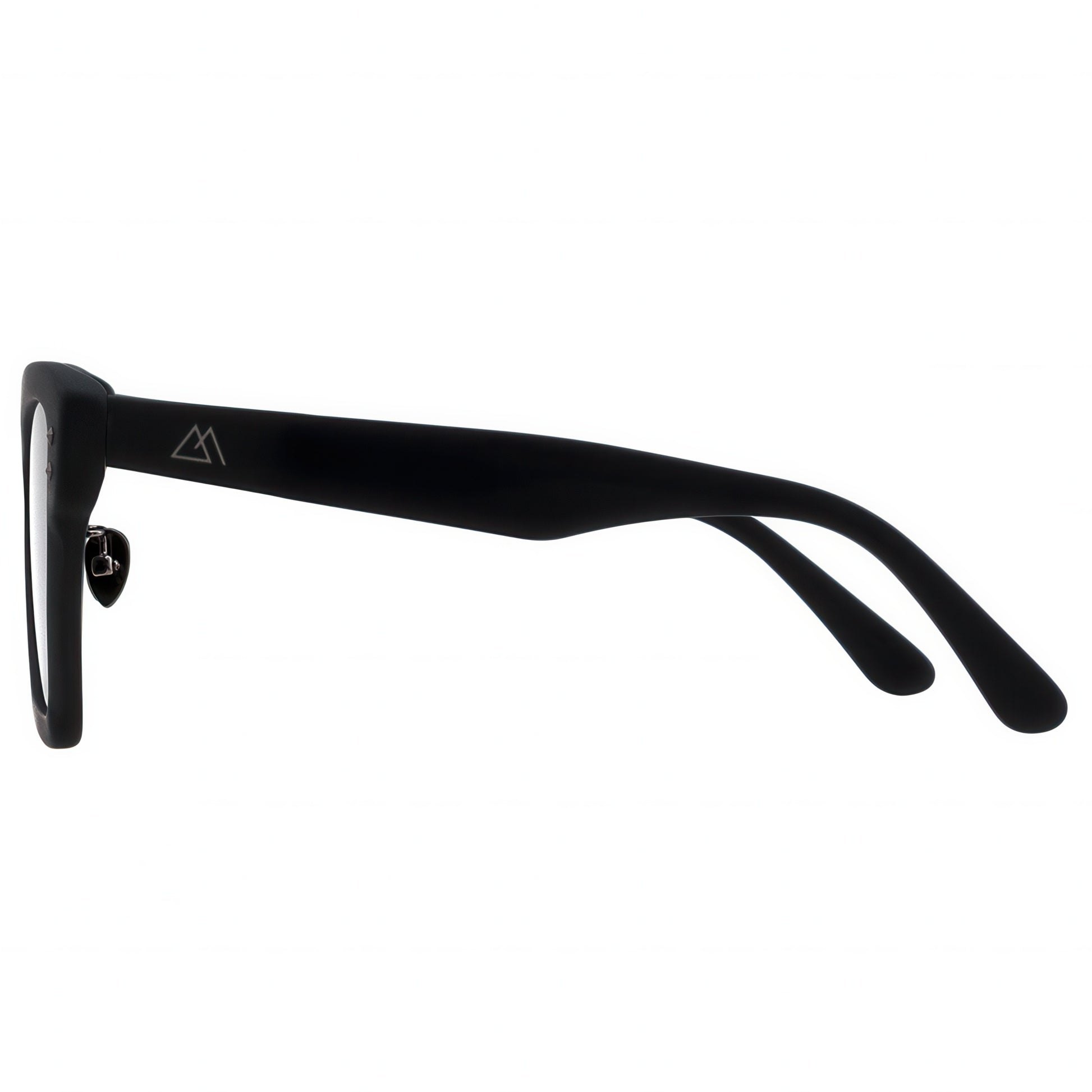Black sunglasses with a logo on a white background