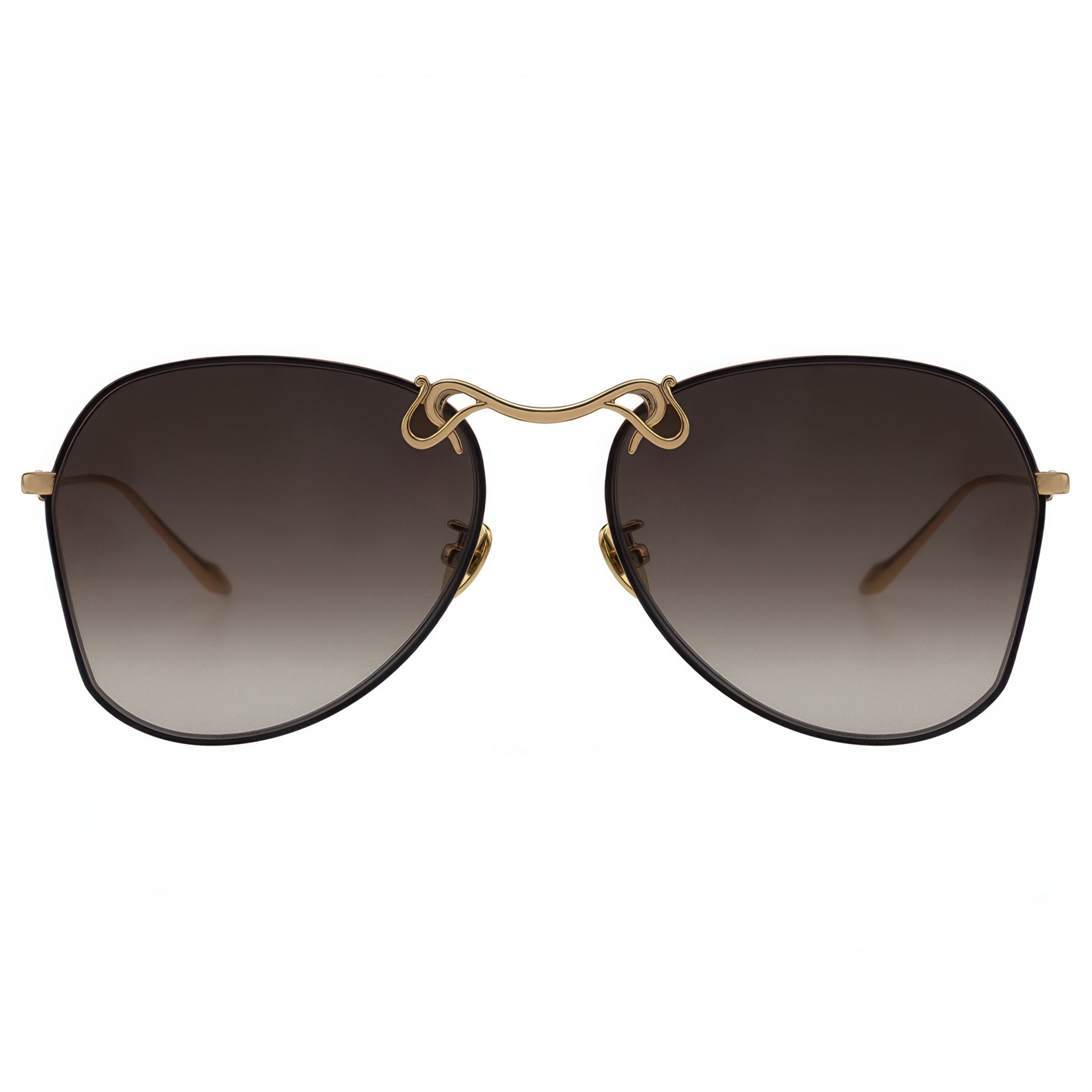 Sunglasses with gold frame and brown gradient lenses on a white background