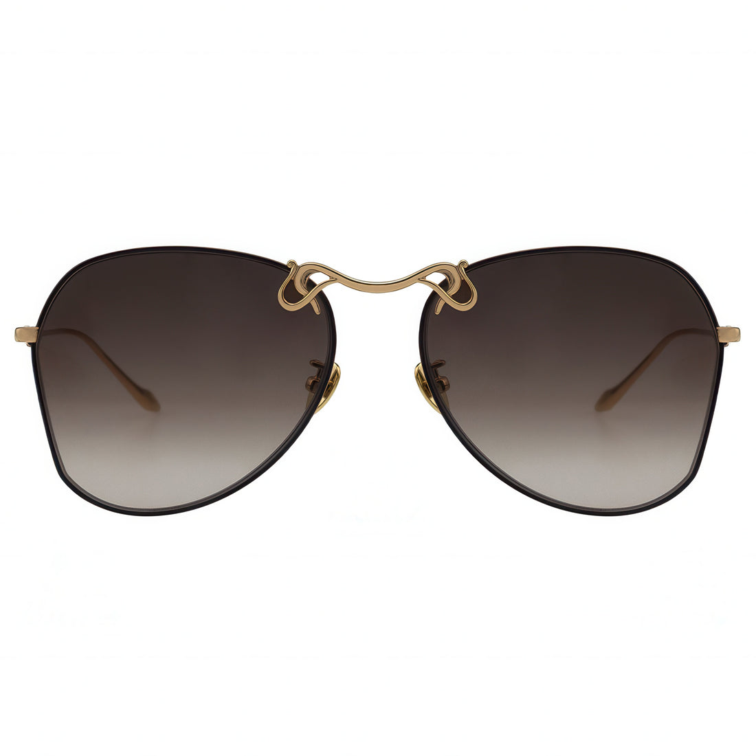 Sunglasses with gold frame and brown gradient lenses on a white background