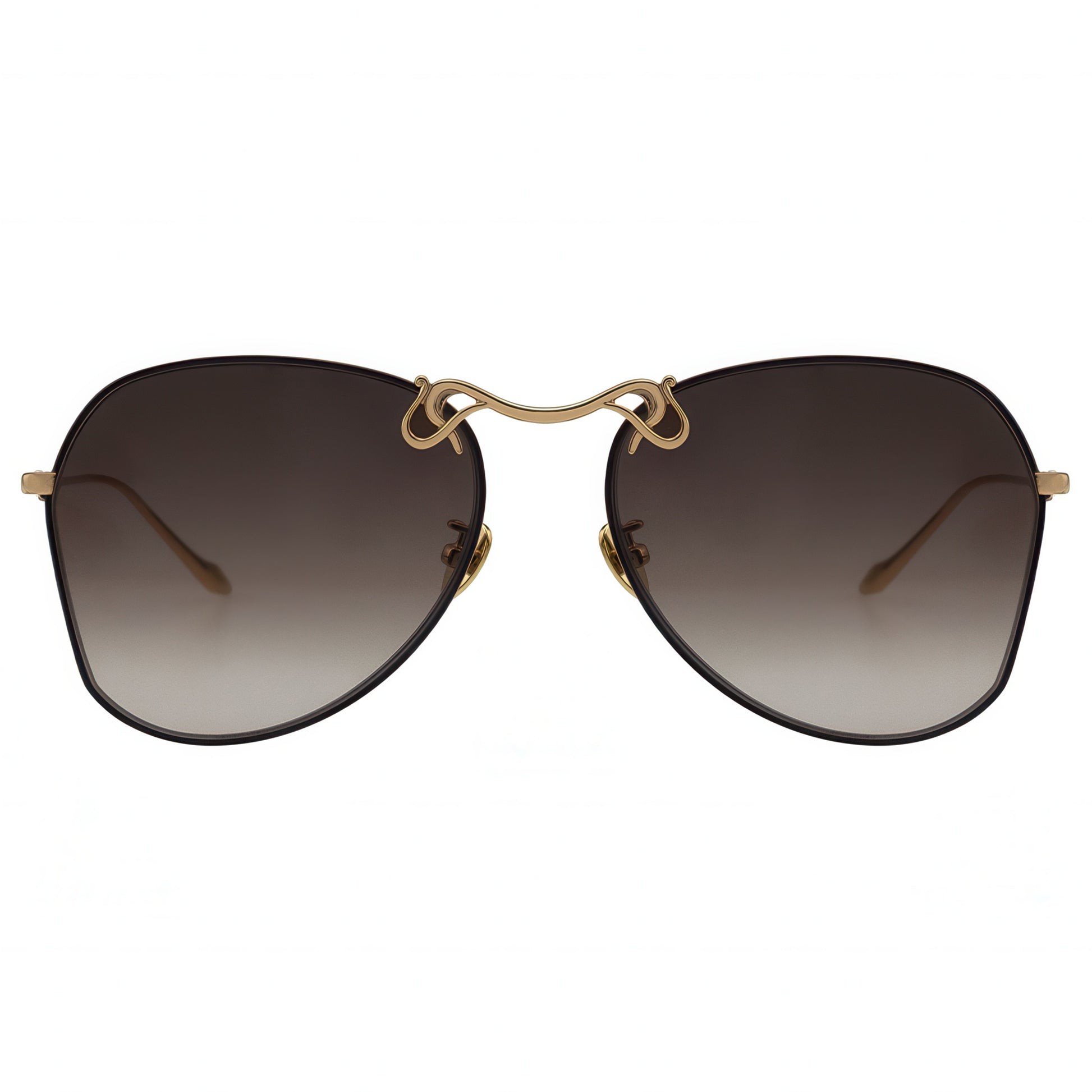 Sunglasses with gold frame and brown gradient lenses on a white background