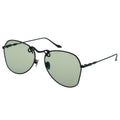 Aviator sunglasses with green lenses and black frames on a white background