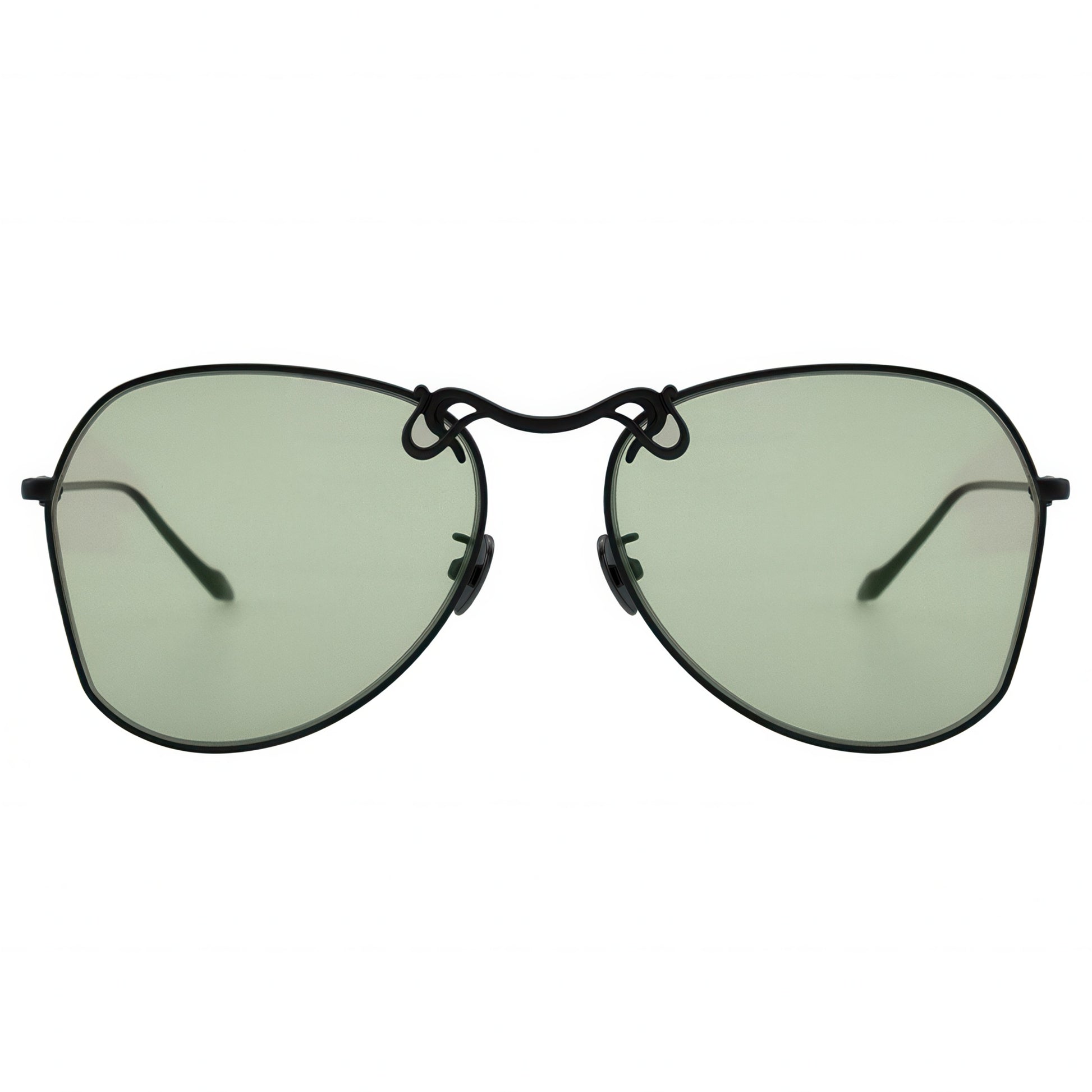 Sunglasses with green lenses and black frames on a white background