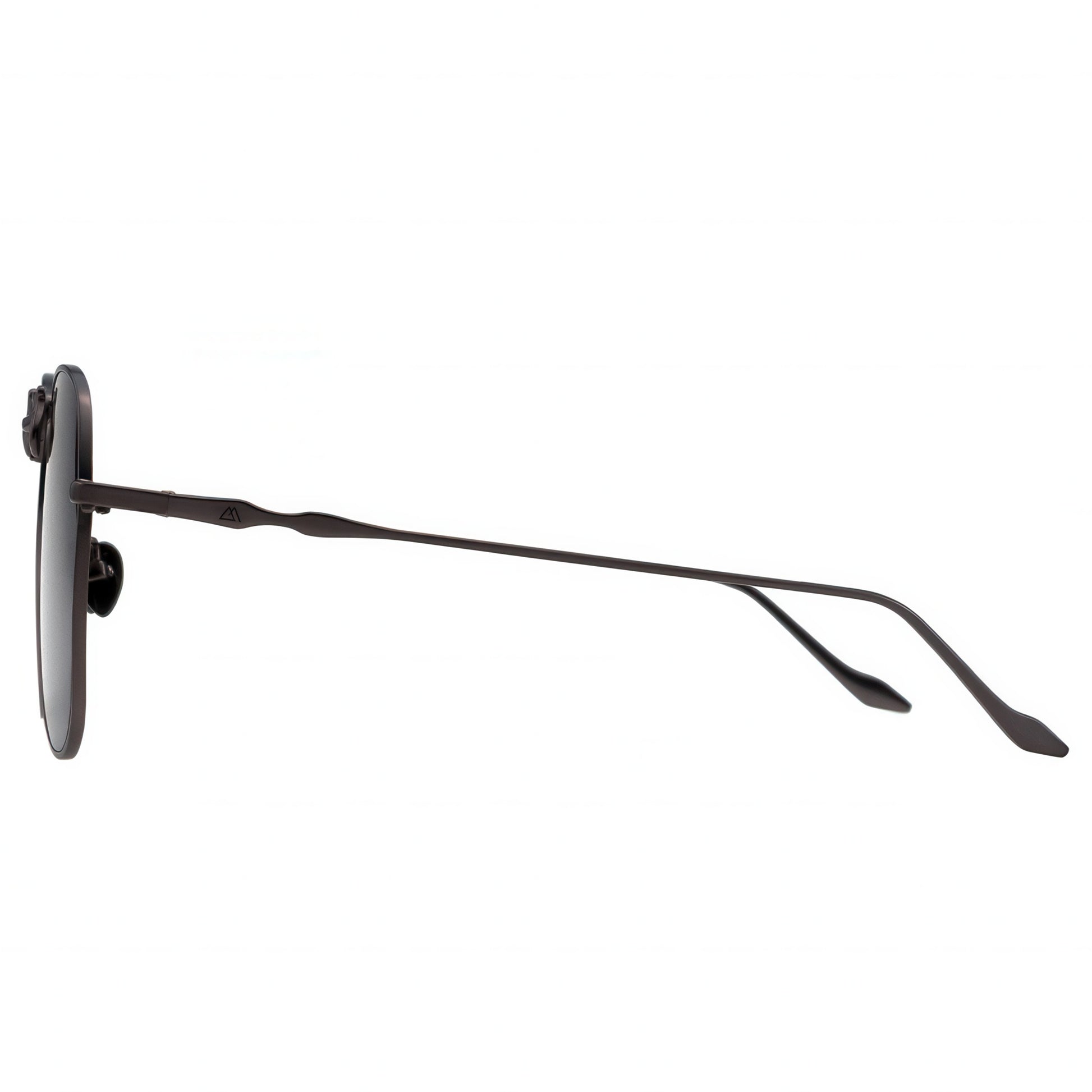 Sunglasses with a black frame and dark lenses on a white background