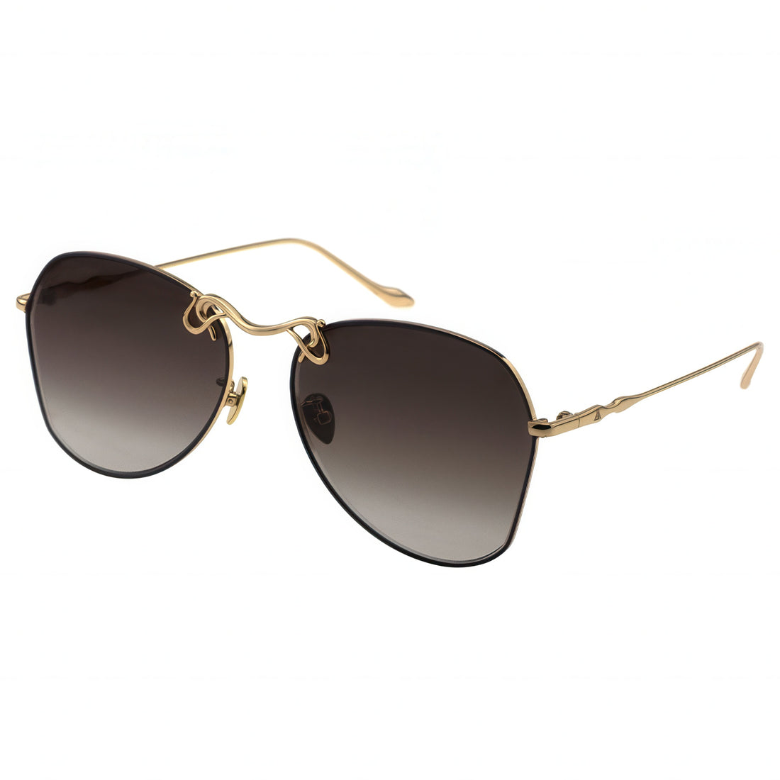 Sunglasses with gold frame and brown gradient lenses on a white background