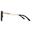 Sunglasses with black frames and gold accents on a white background