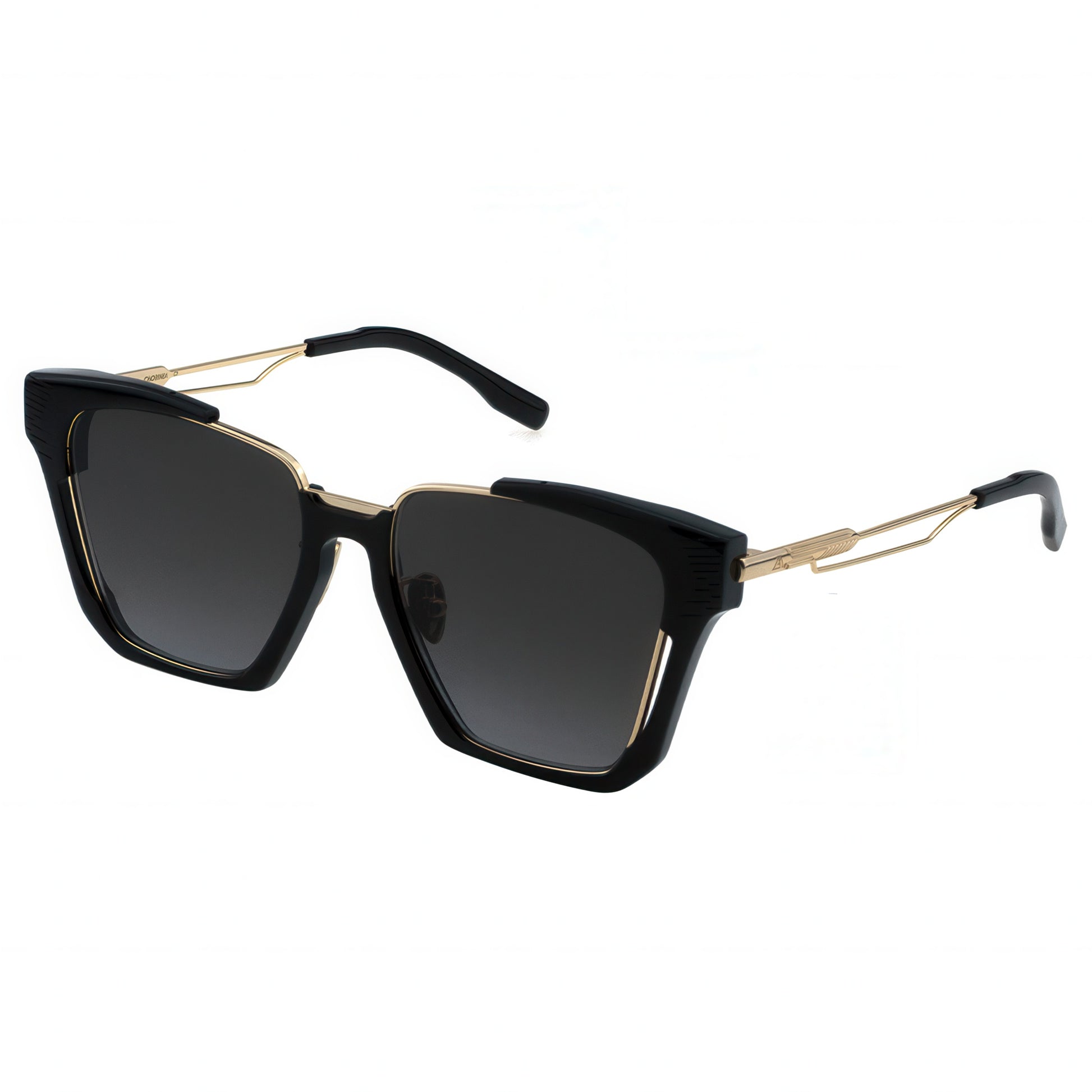 Black sunglasses with gold frames on a white background