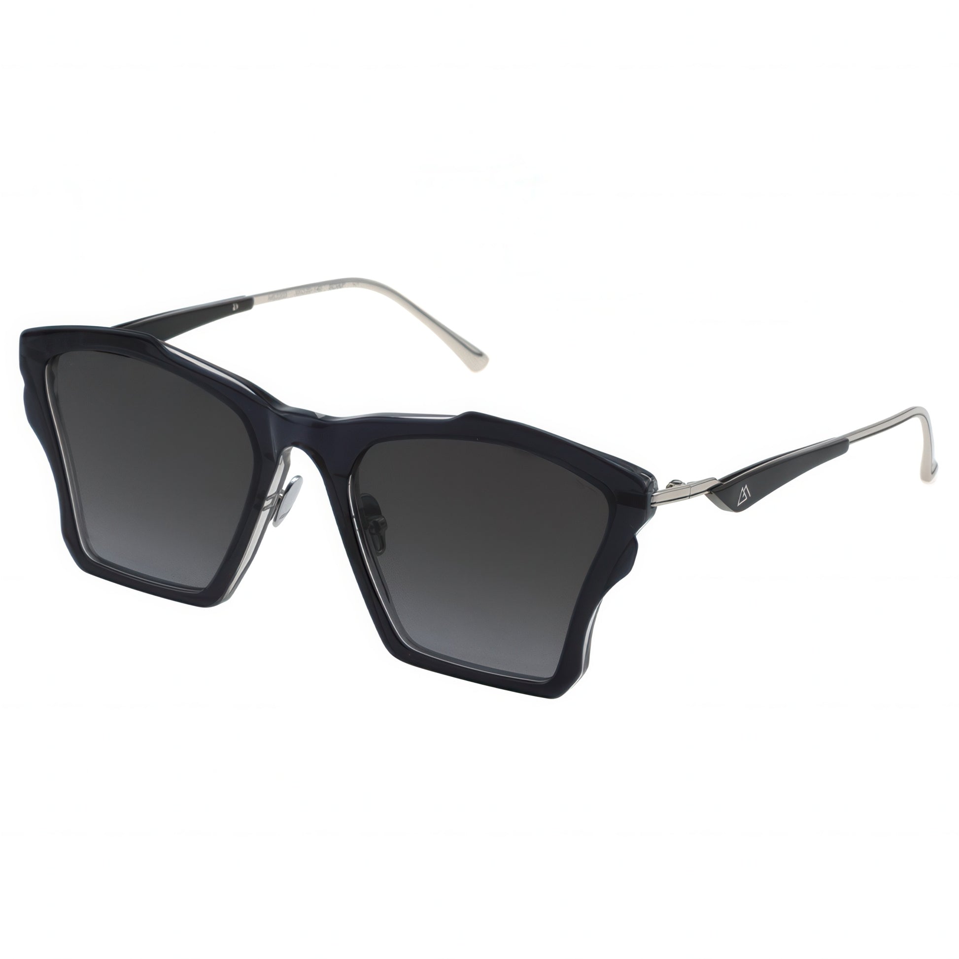 Black sunglasses with silver frames on a white background