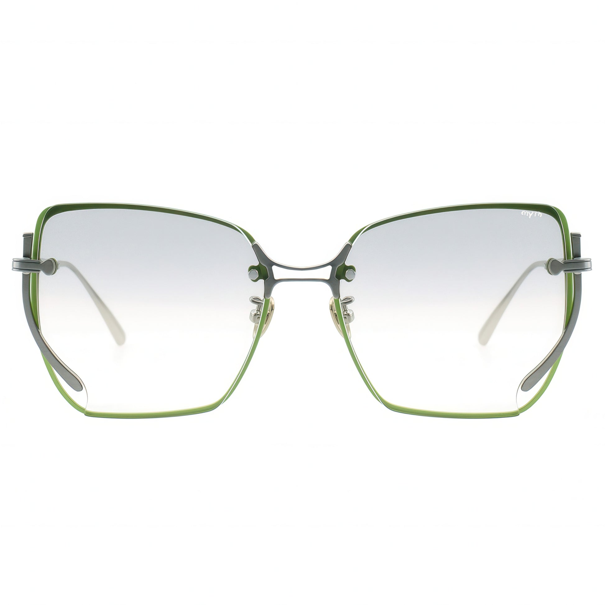 silver sunglasses with green frame on a white background