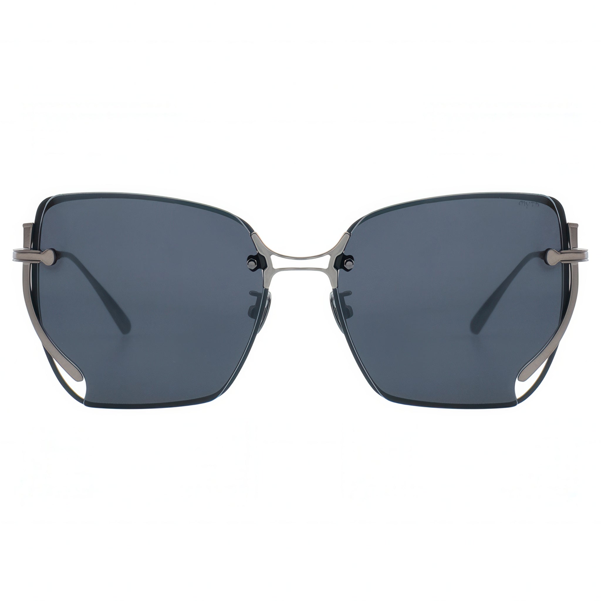 Sunglasses with dark lenses and thin metal frame on a white background