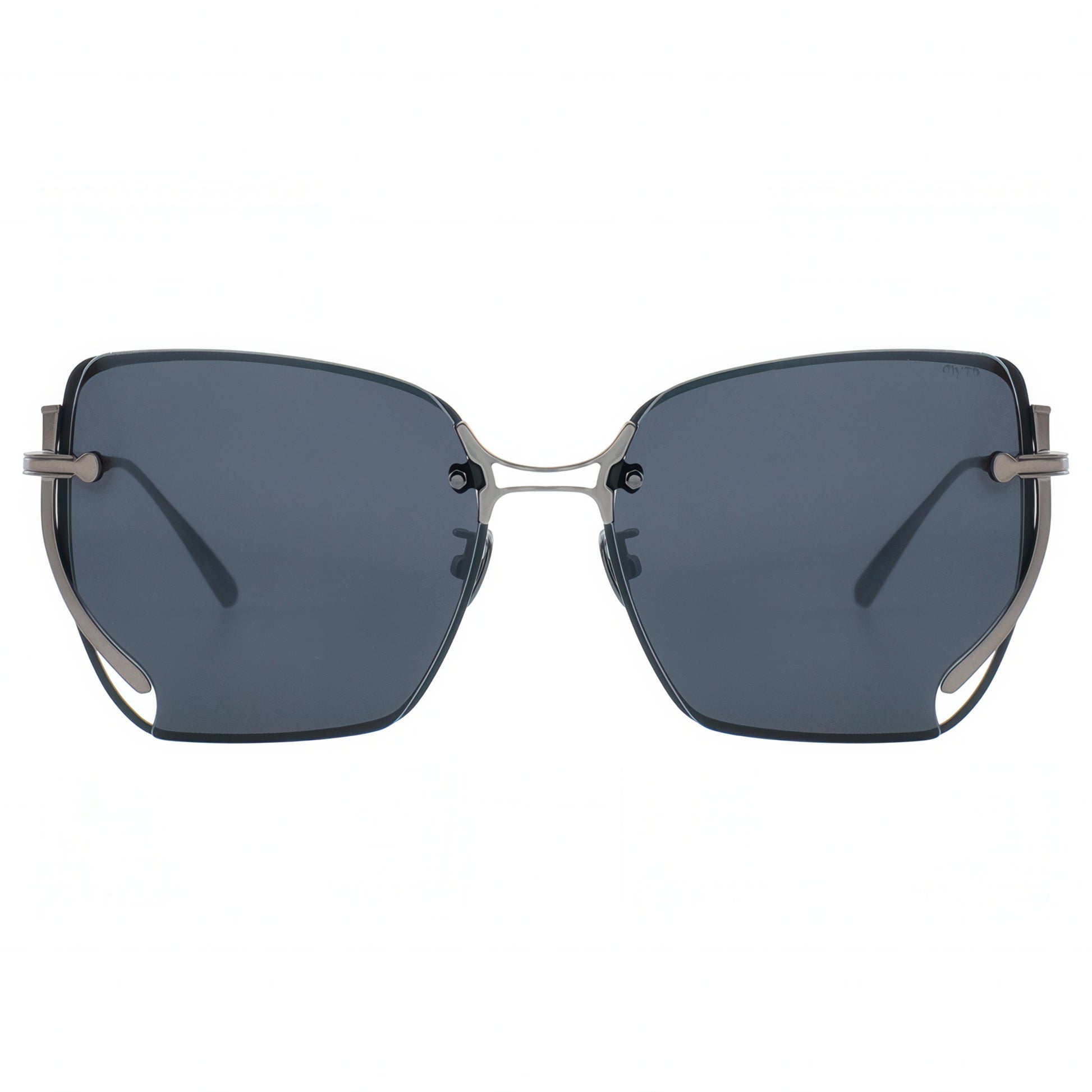 Sunglasses with dark lenses and thin metal frame on a white background