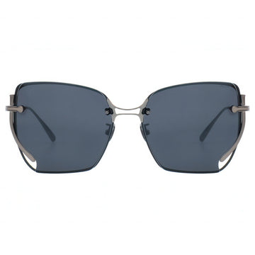 Sunglasses with dark lenses and thin metal frame on a white background