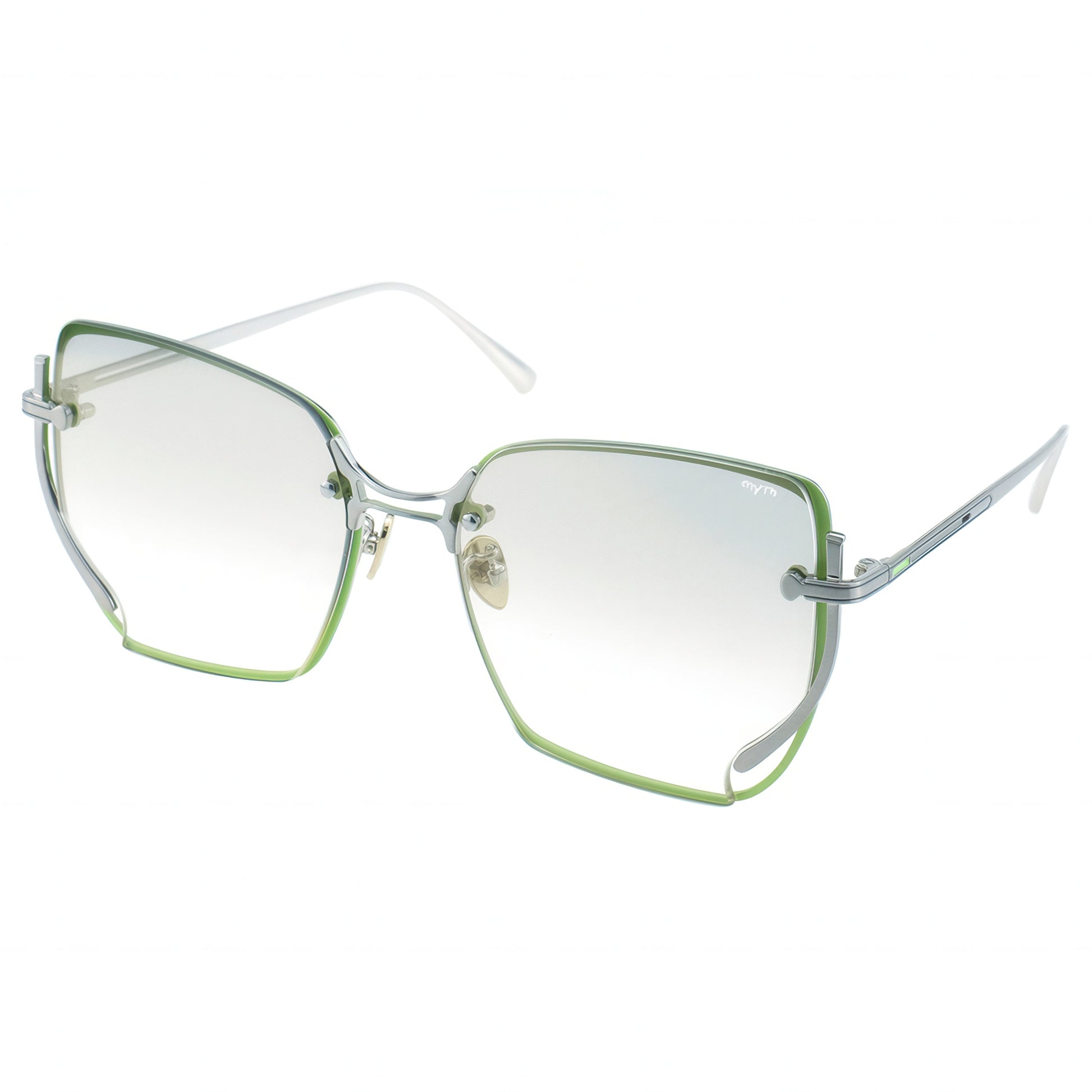 Sunglasses with green and silver frame on a white background