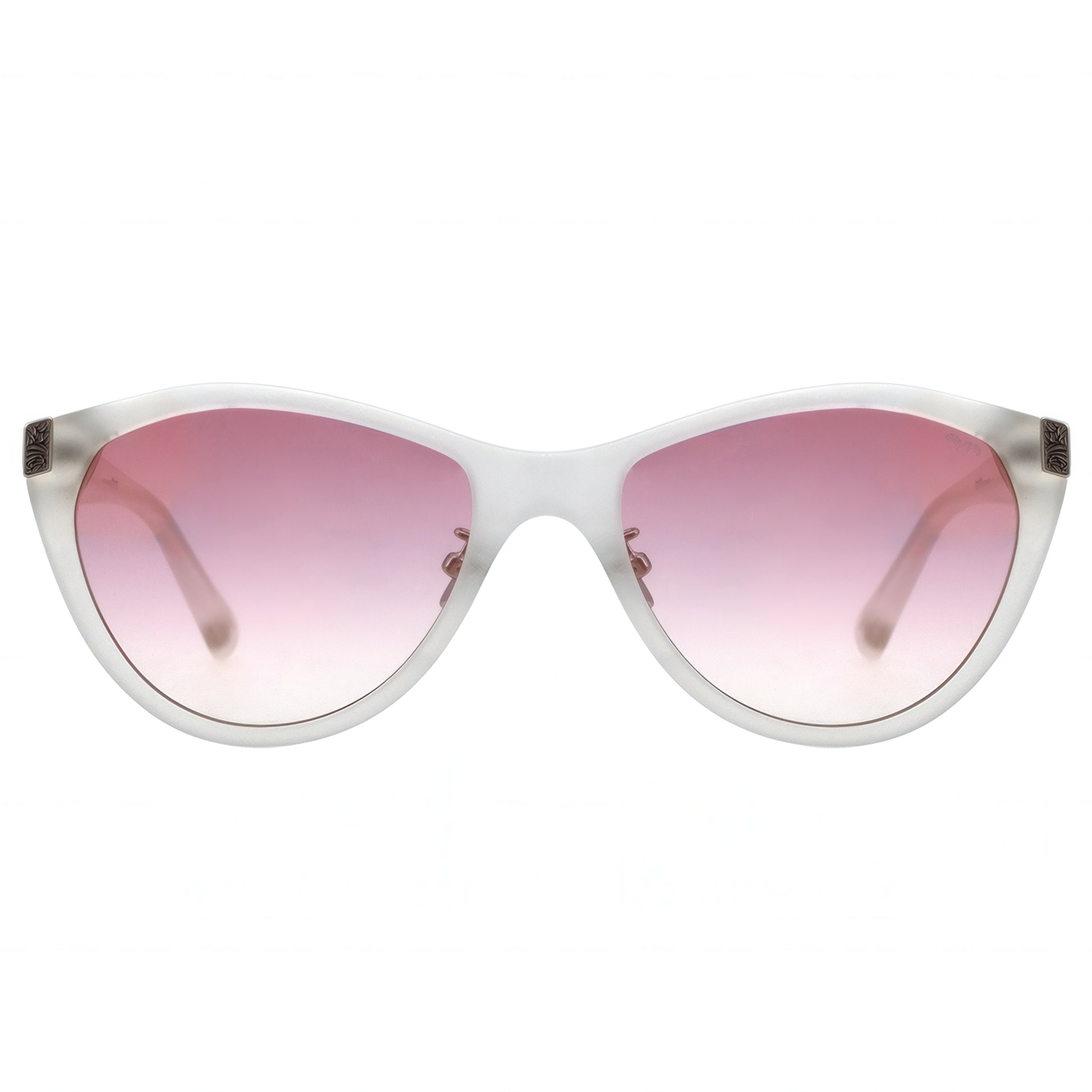 Frosted white cat-eye sunglasses with pink gradient lenses