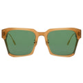 Sunglasses with wooden frame and green lenses on a white background