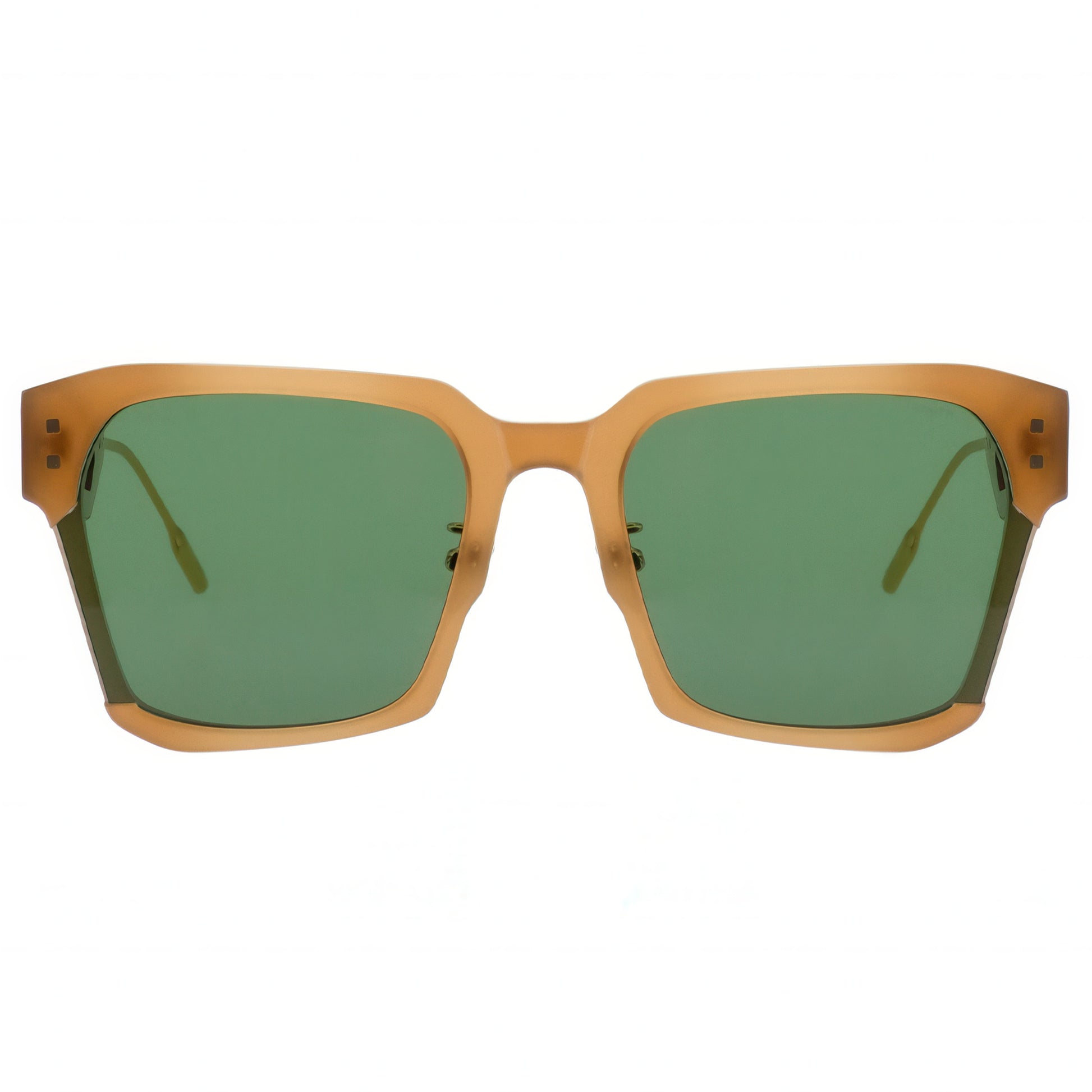 Sunglasses with wooden frame and green lenses on a white background