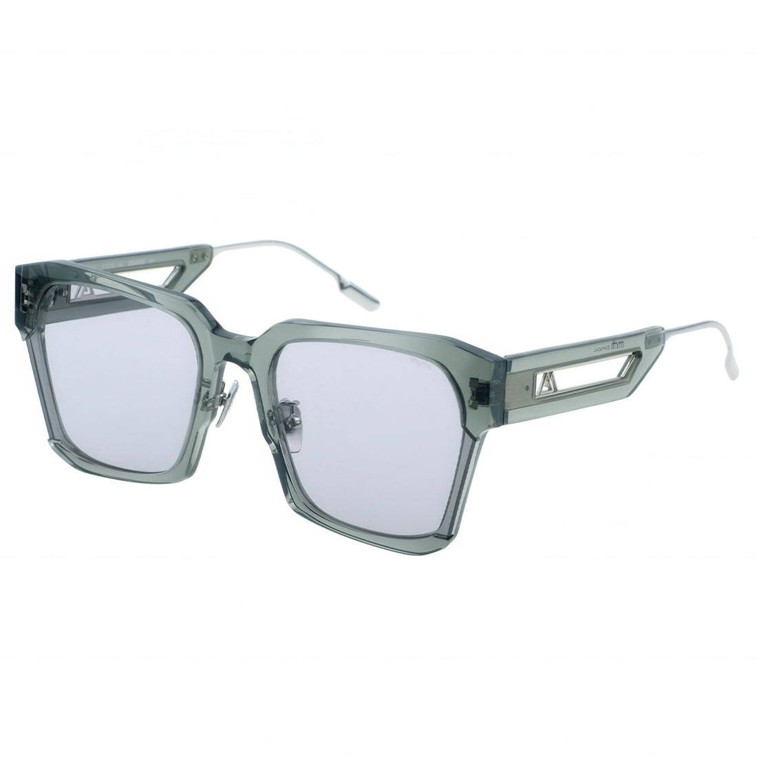 Sunglasses with transparent frame and white lenses on a white background