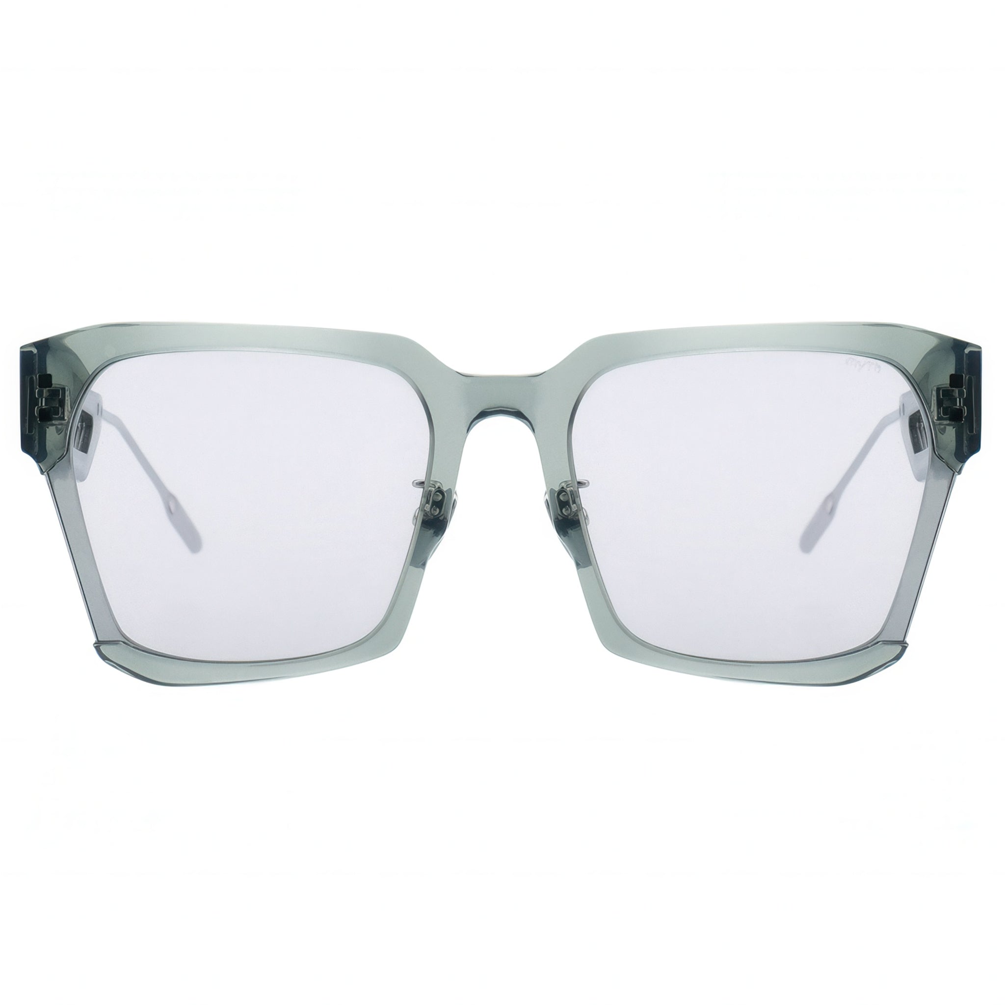 Sunglasses with transparent frame and white lenses on a white background