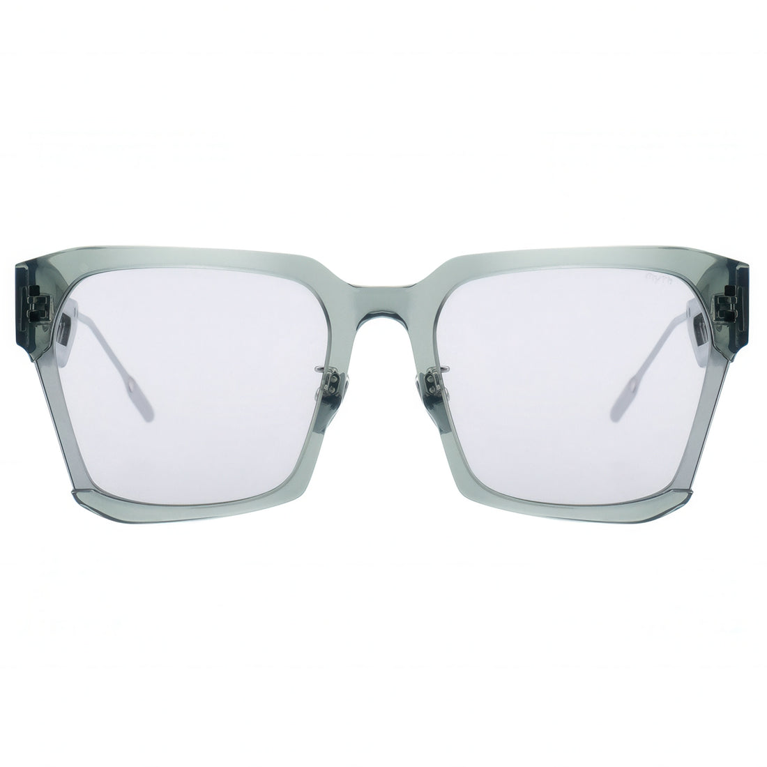 Sunglasses with transparent frame and white lenses on a white background