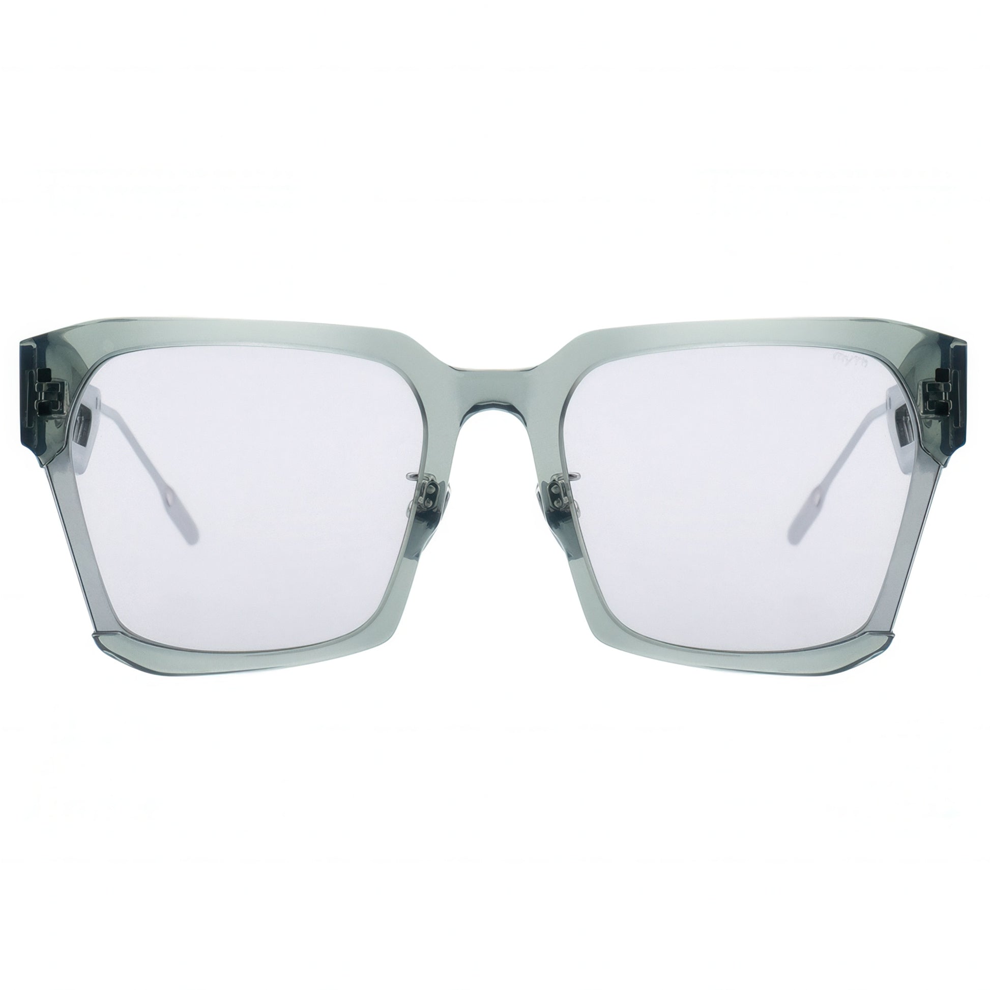 Sunglasses with transparent frame and white lenses on a white background