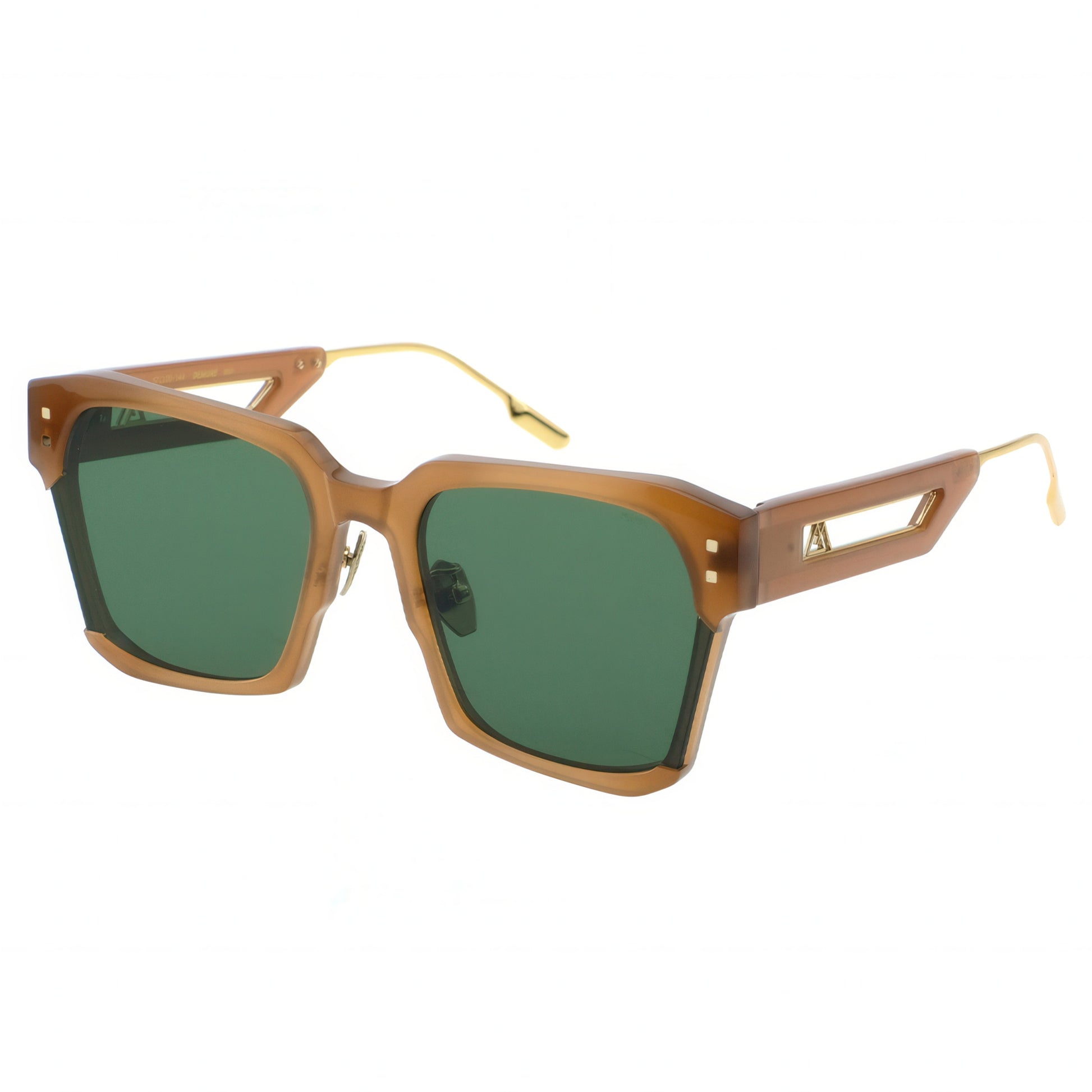 Sunglasses with brown frame and green lenses on a white background