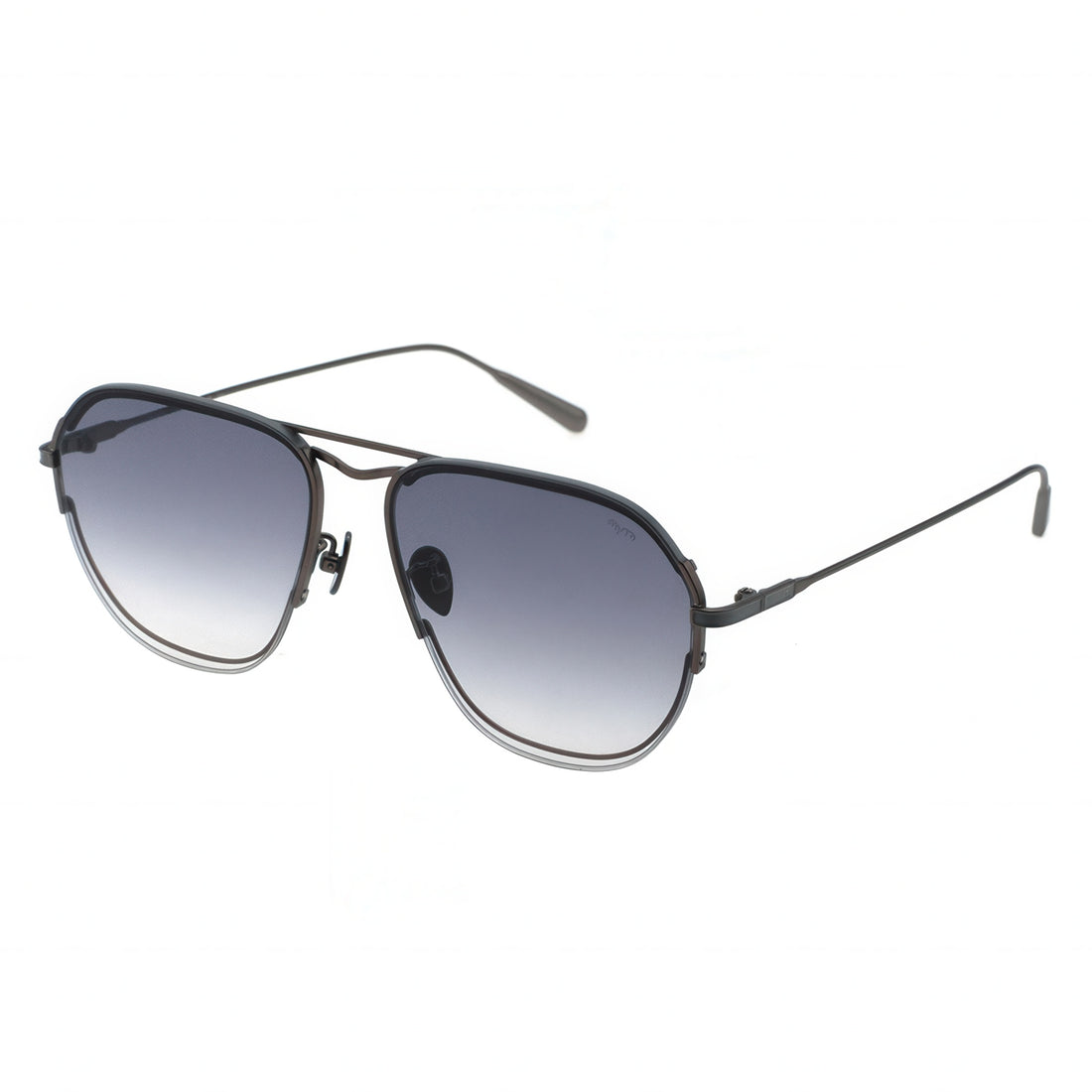 Sunglasses with black frame and gradient lenses on a white background