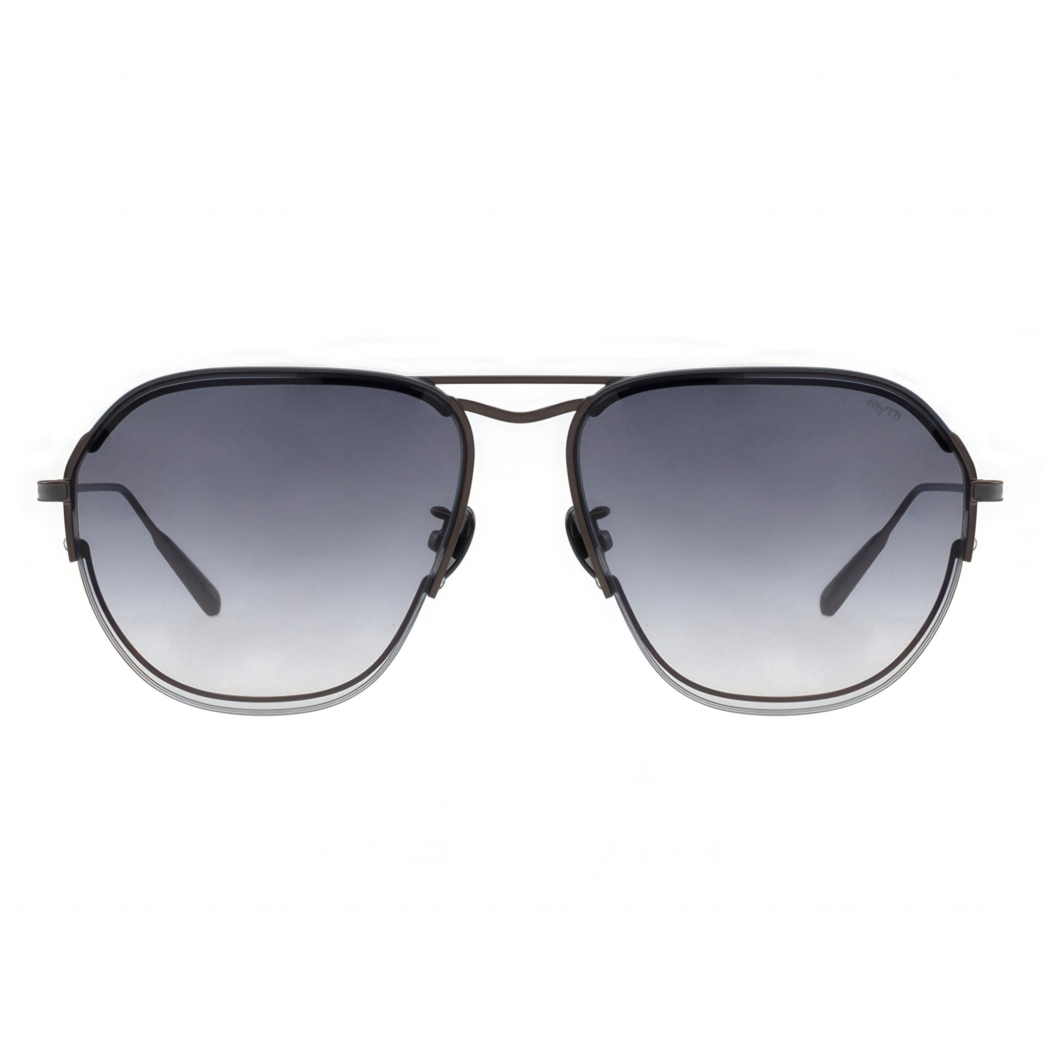 Sunglasses with black frame and gradient lenses on a white background