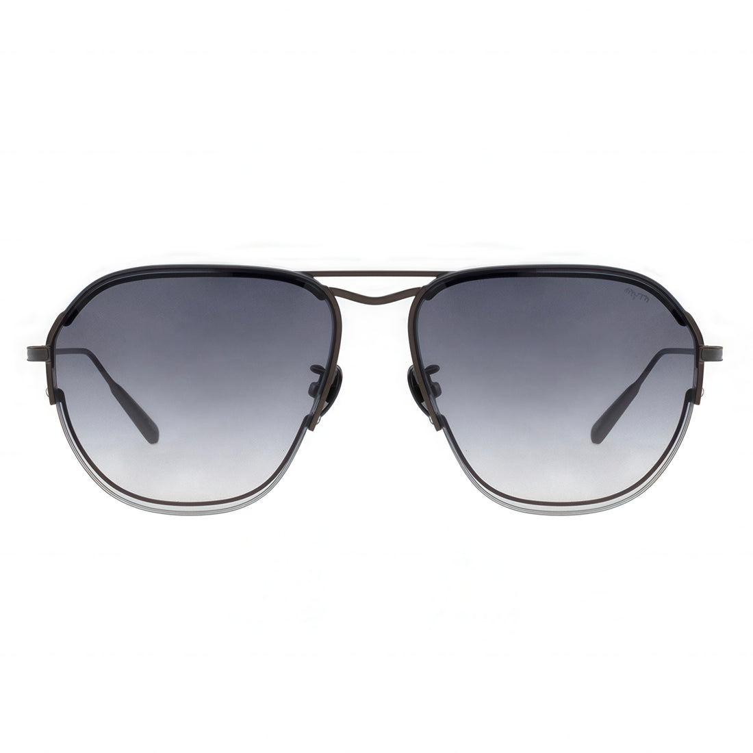 Sunglasses with black frame and gradient lenses on a white background