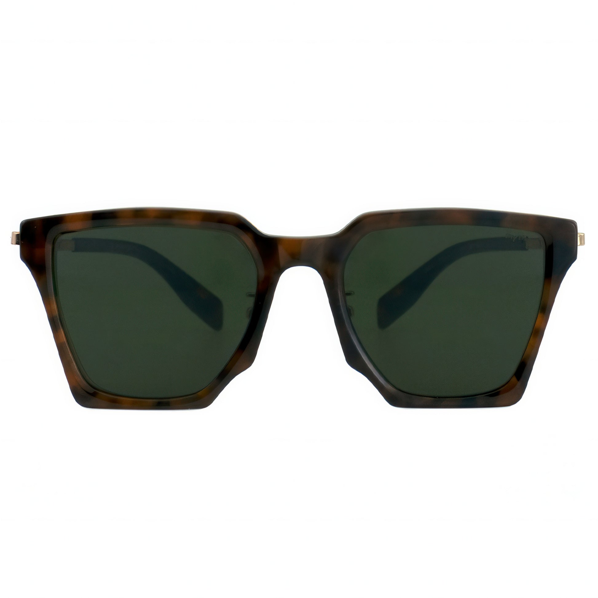 Sunglasses with tortoiseshell frame and dark lenses on a white background