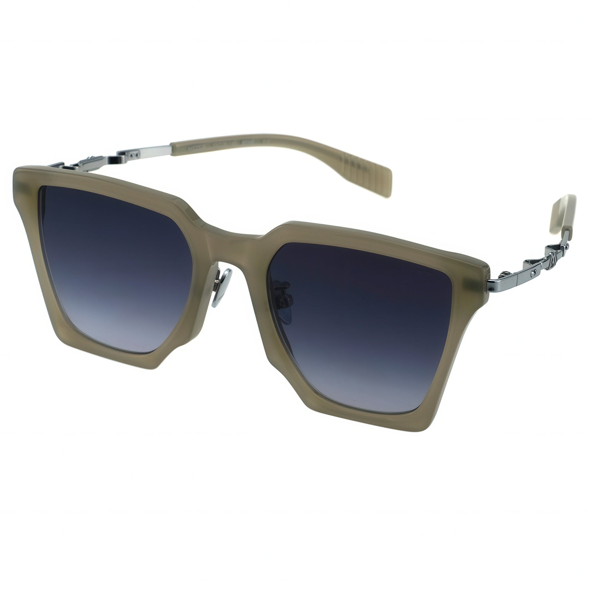 Sunglasses with a beige frame and dark lenses on a white background
