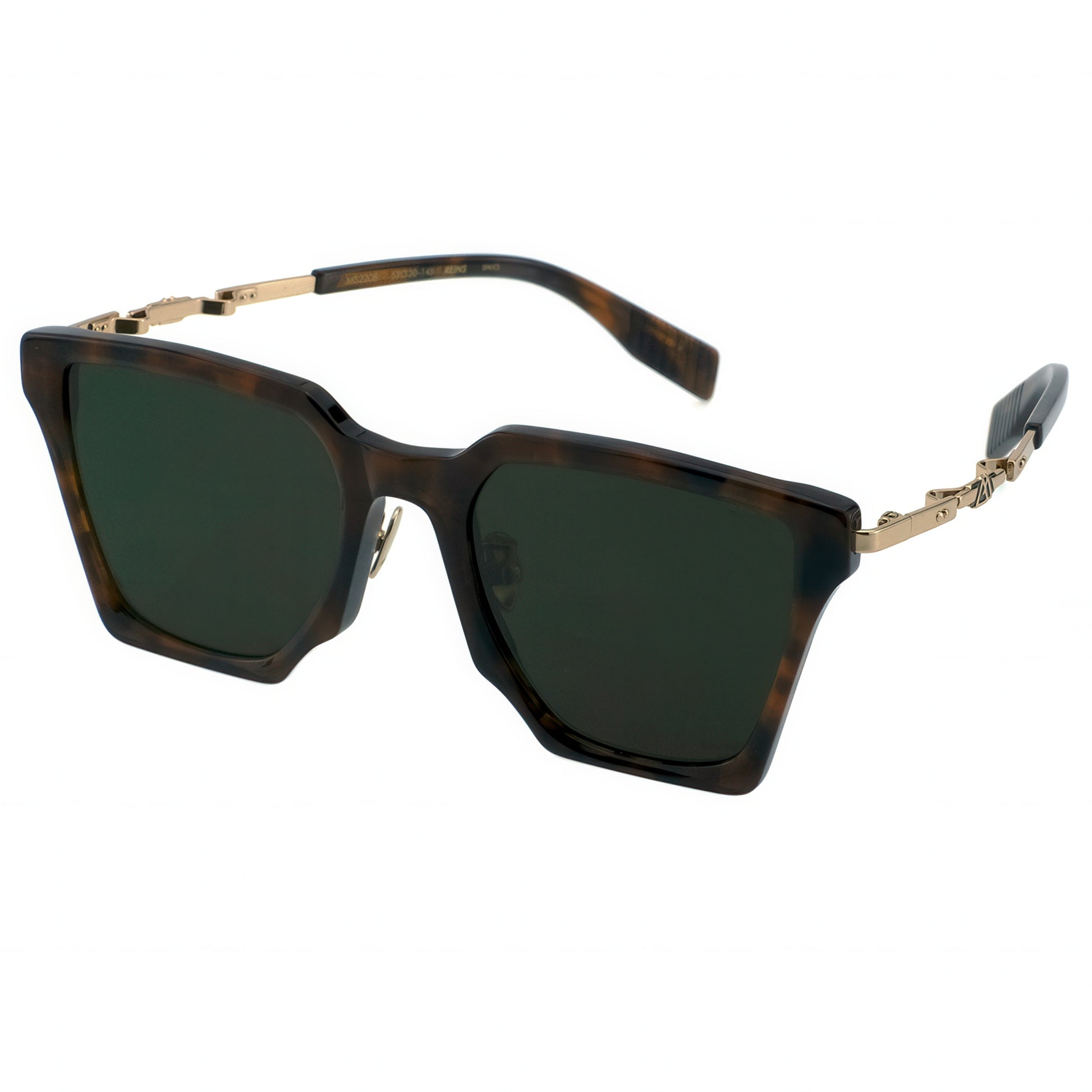 Sunglasses with tortoiseshell frame and dark lenses on a white background