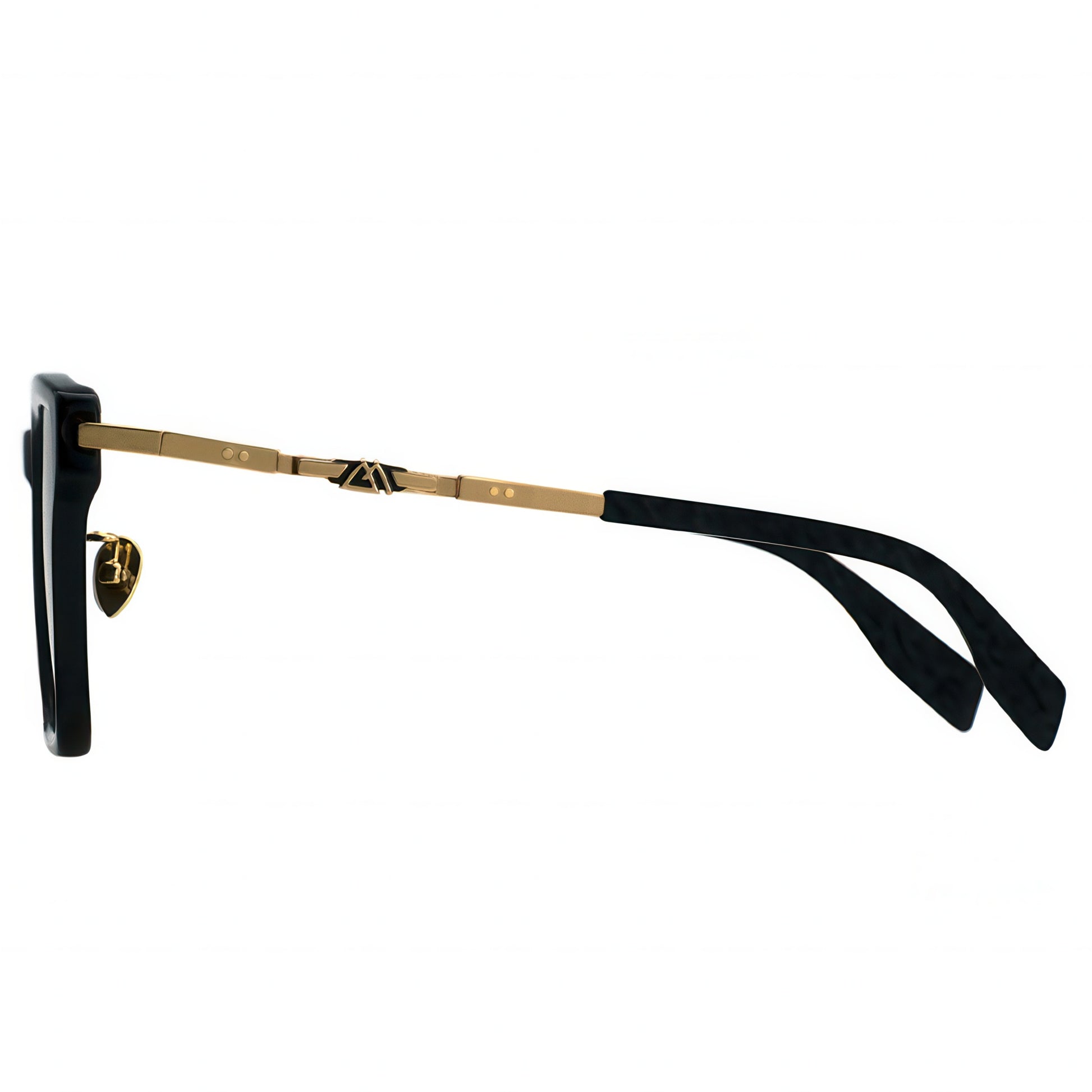 Sunglasses with black frame and gold accents on a white background