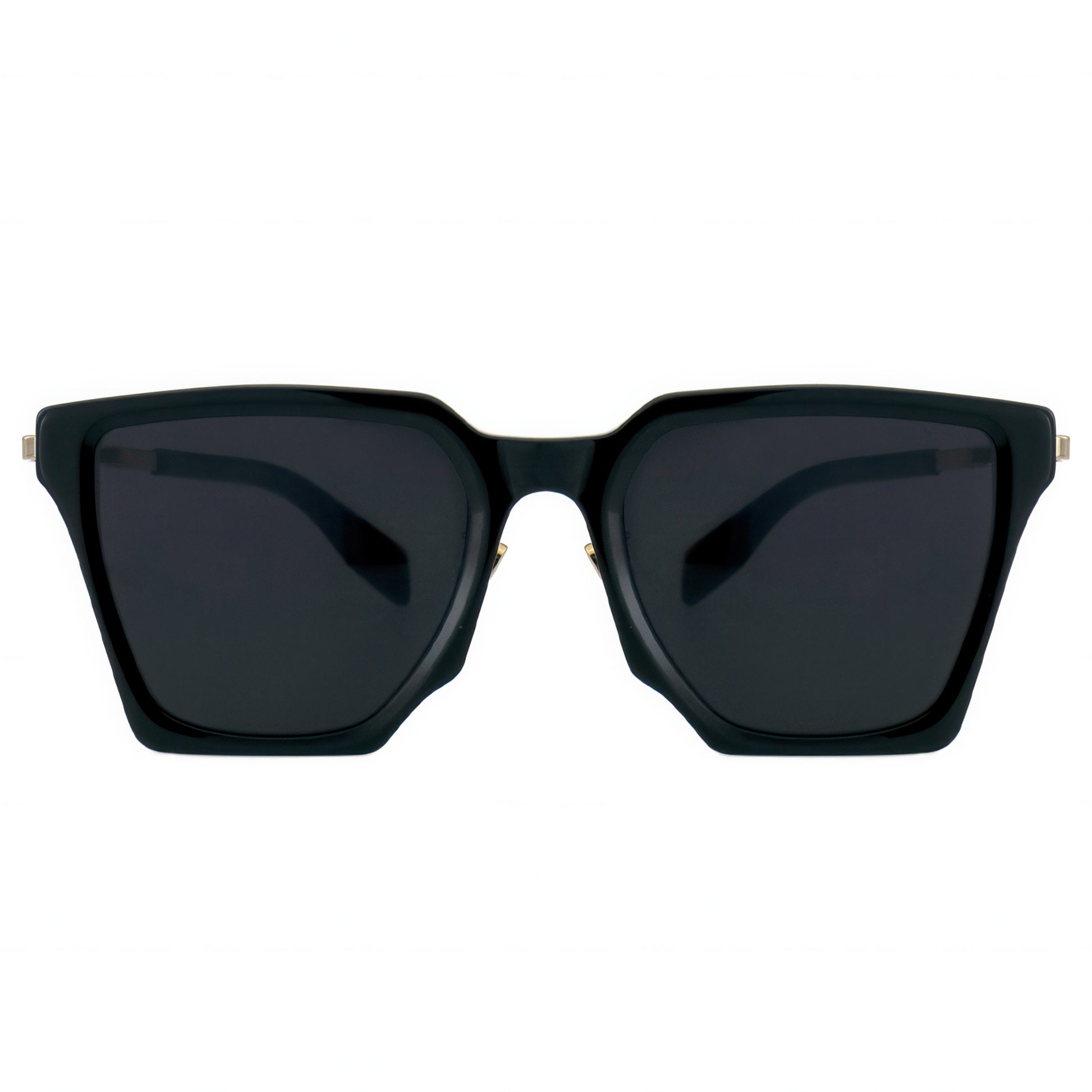 Black sunglasses with dark lenses on a white background