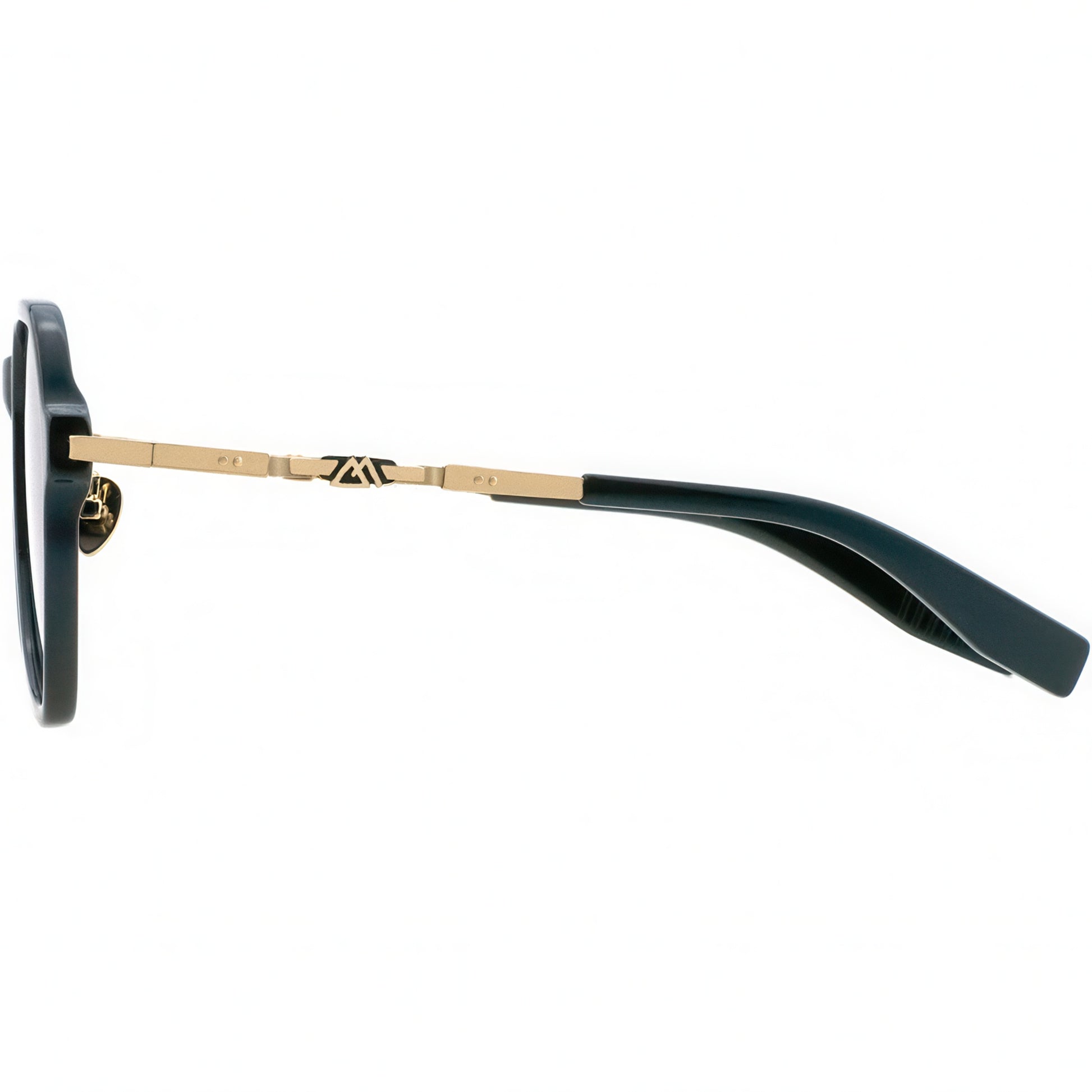Sunglasses with black frame and gold accents on a white background