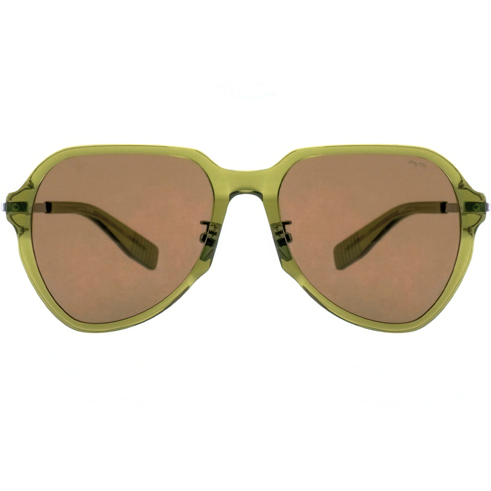 Sunglasses with green frame and brown lenses on a white background