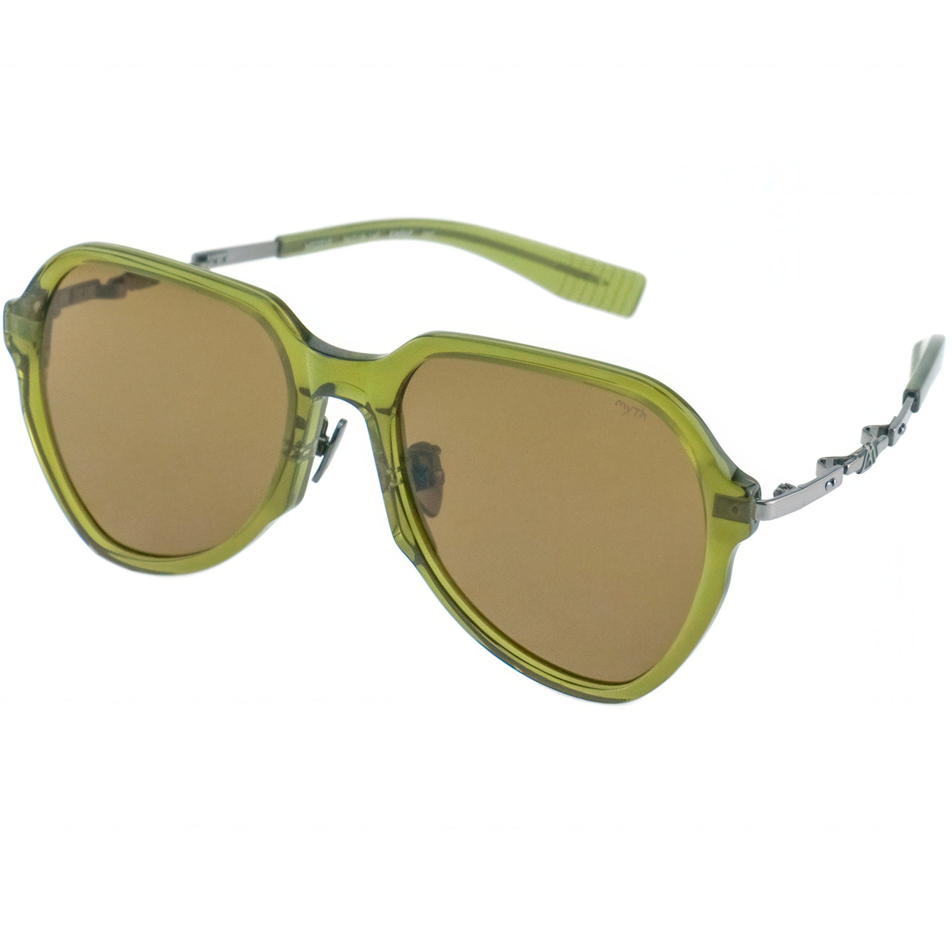 Sunglasses with green frame and brown lenses on a white background