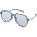 Sunglasses with gray frame and clear lenses on a white background