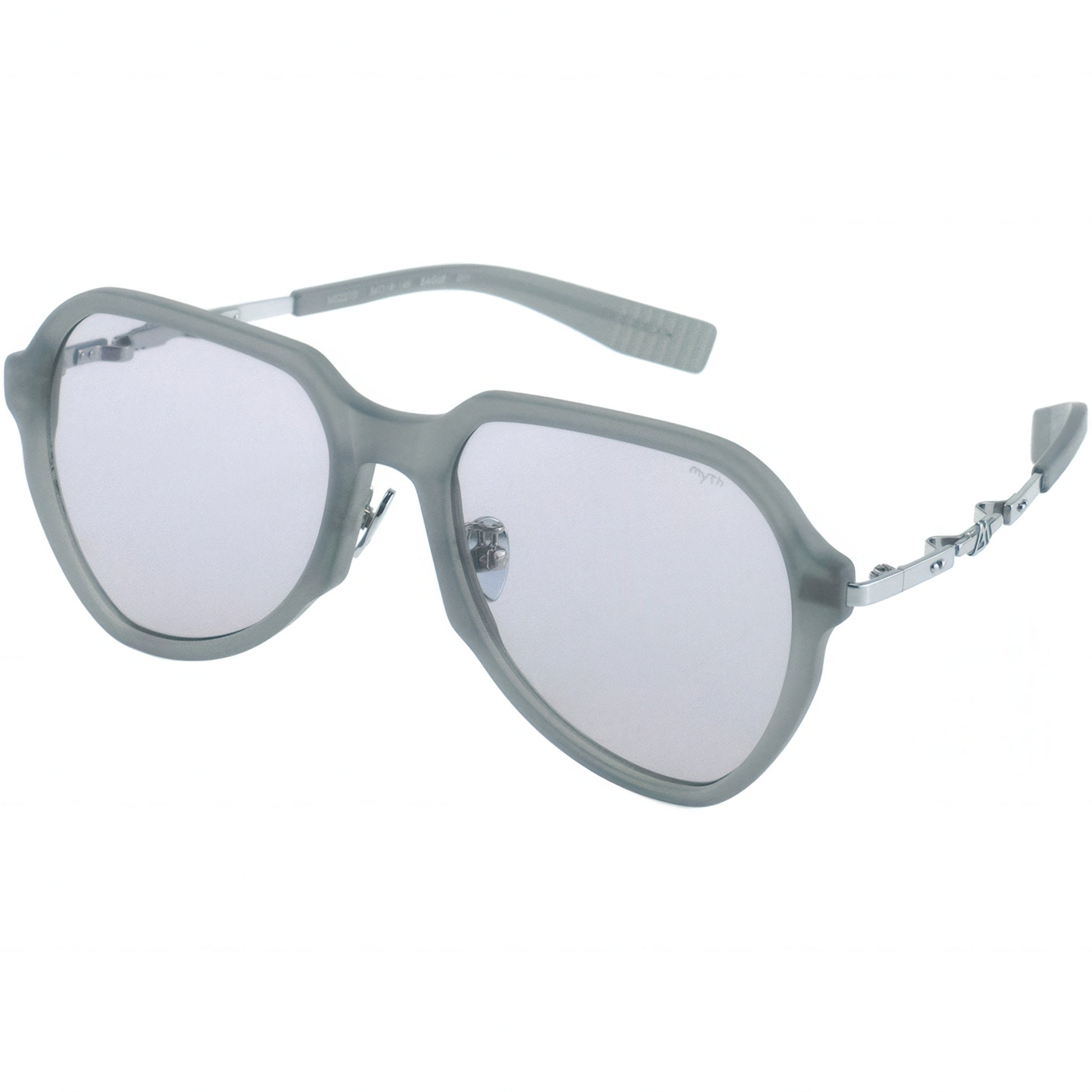 Sunglasses with gray frame and clear lenses on a white background