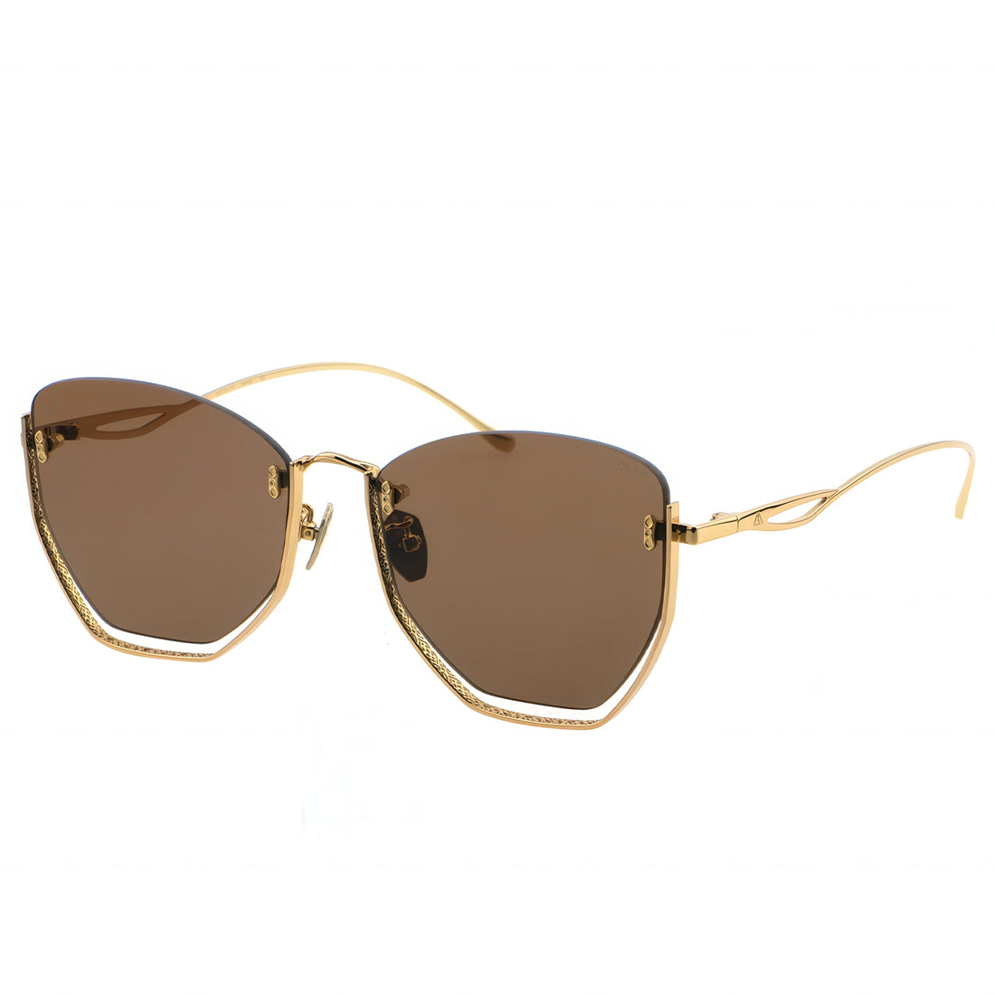 Sunglasses with gold frame and brown lenses on a white background