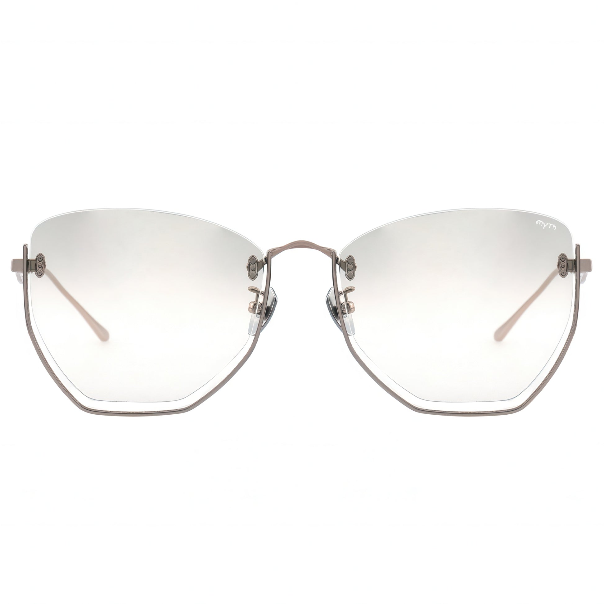 Sunglasses with a white lens and thin metal frame on a white background