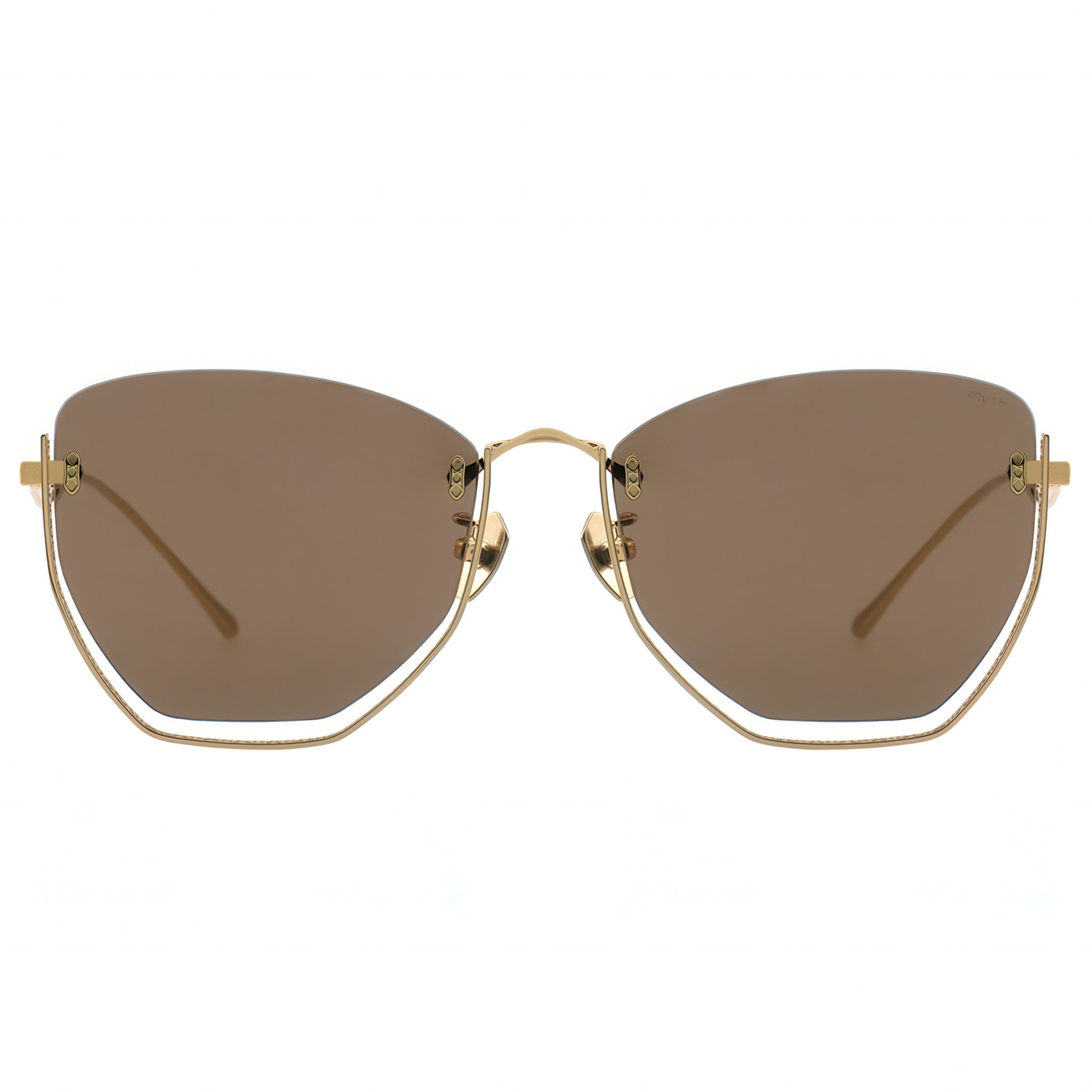 Sunglasses with gold frame and brown lenses on a white background