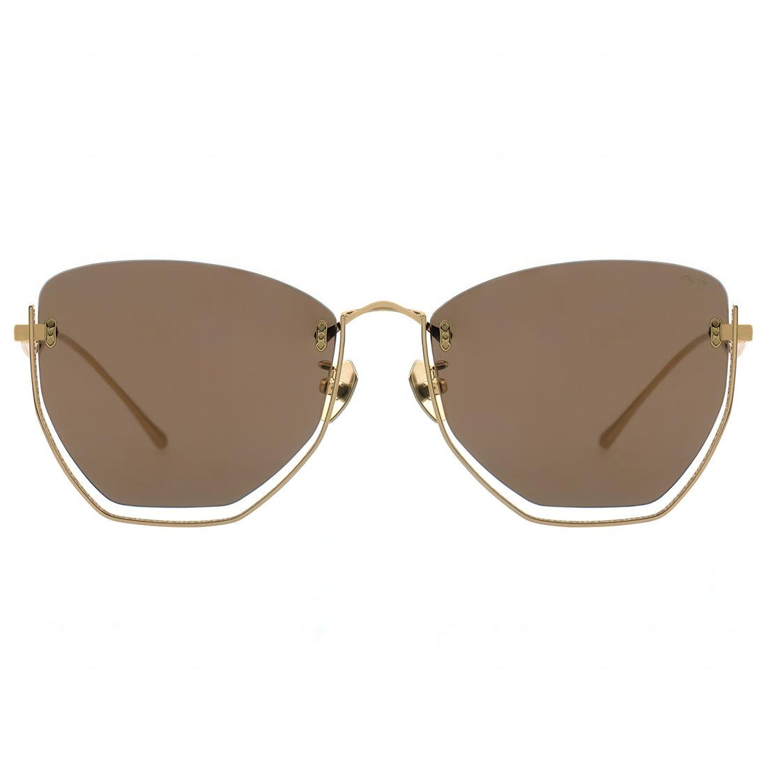 Sunglasses with gold frame and brown lenses on a white background