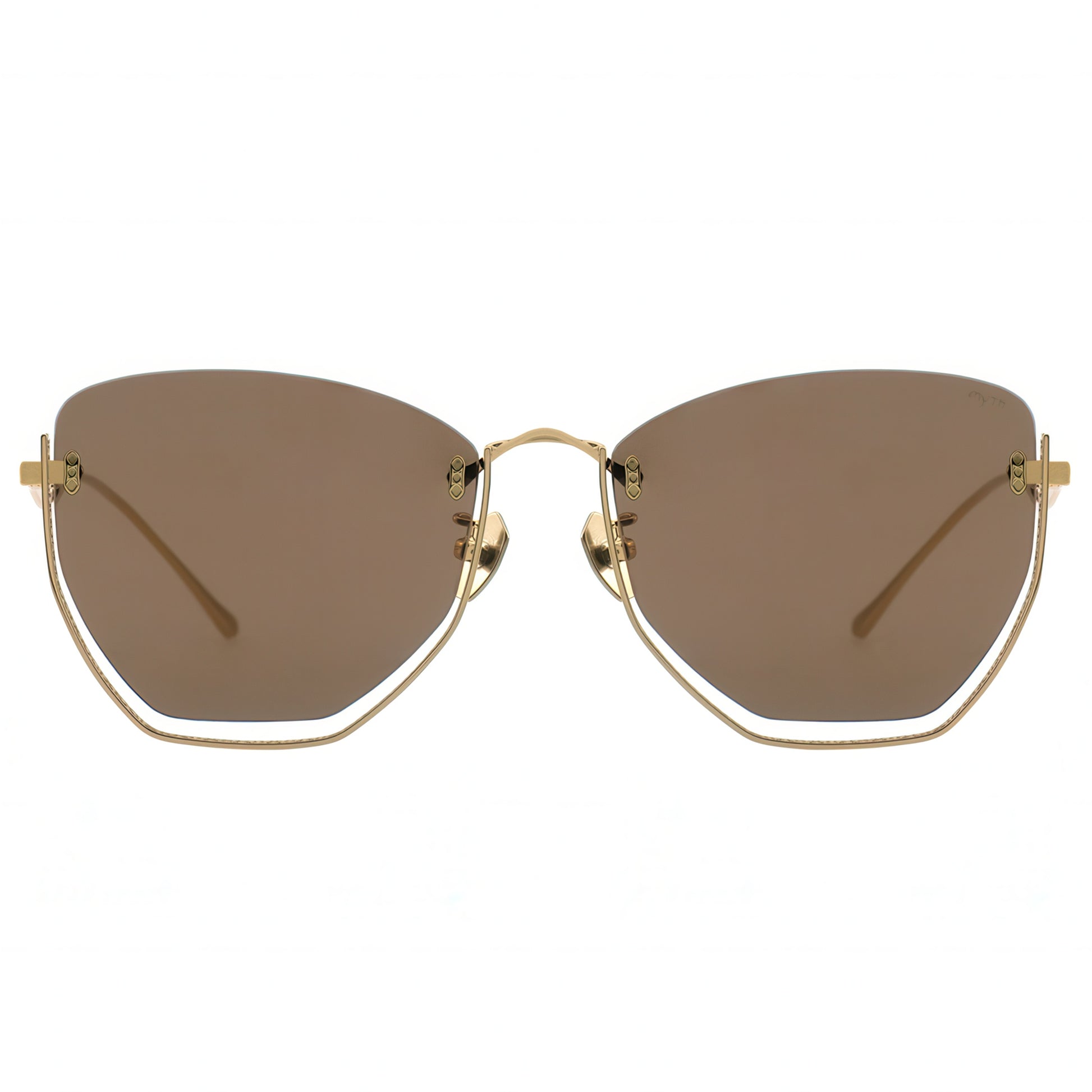 Sunglasses with gold frame and brown lenses on a white background