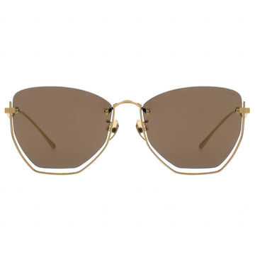 Sunglasses with gold frame and brown lenses on a white background