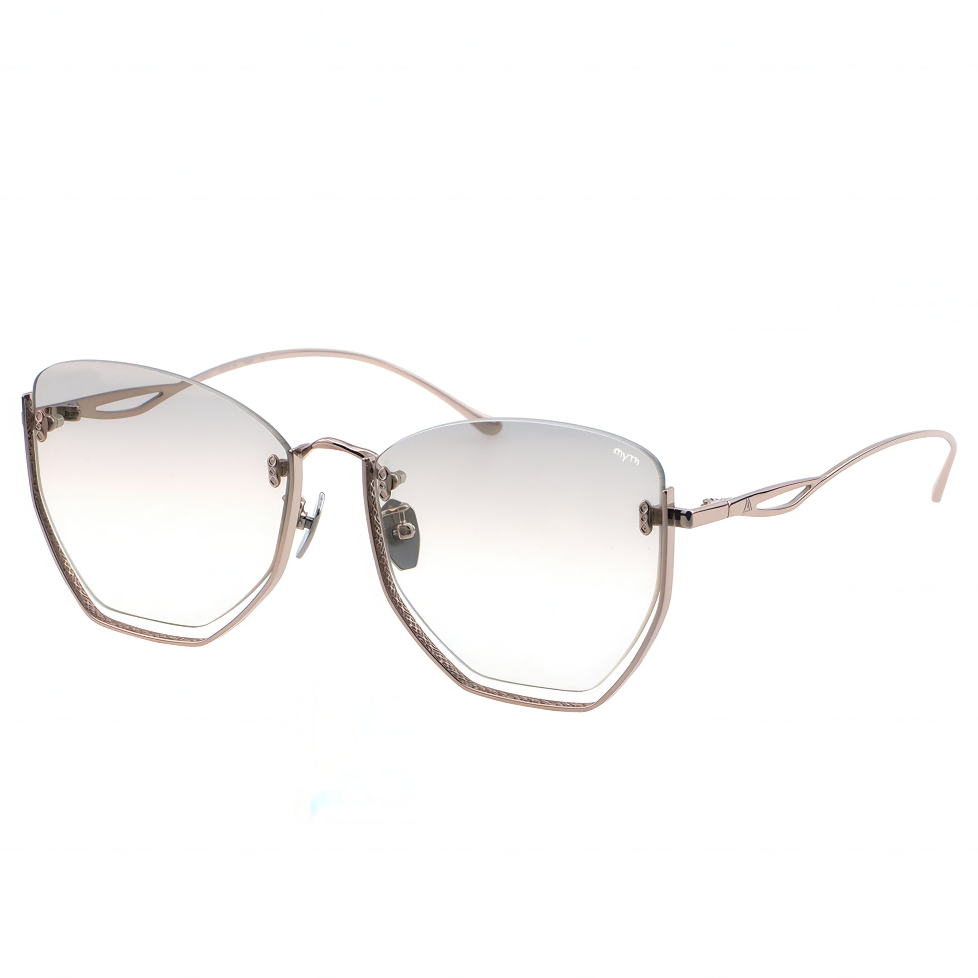Sunglasses with rose gold frame and tinted lenses on a white background