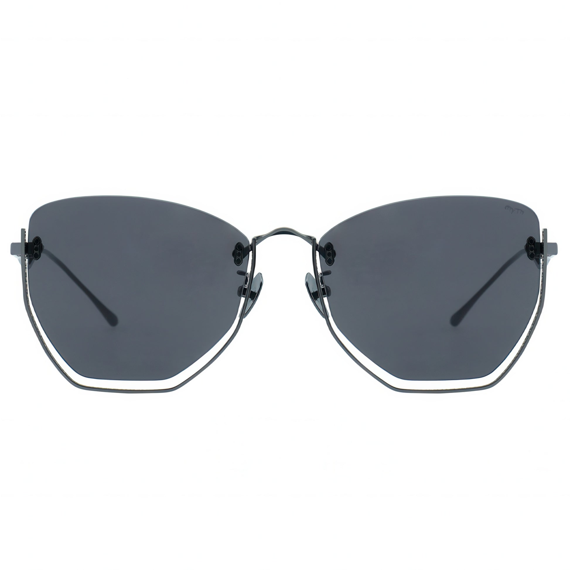 Sunglasses with dark lenses and thin metal frame on a white background