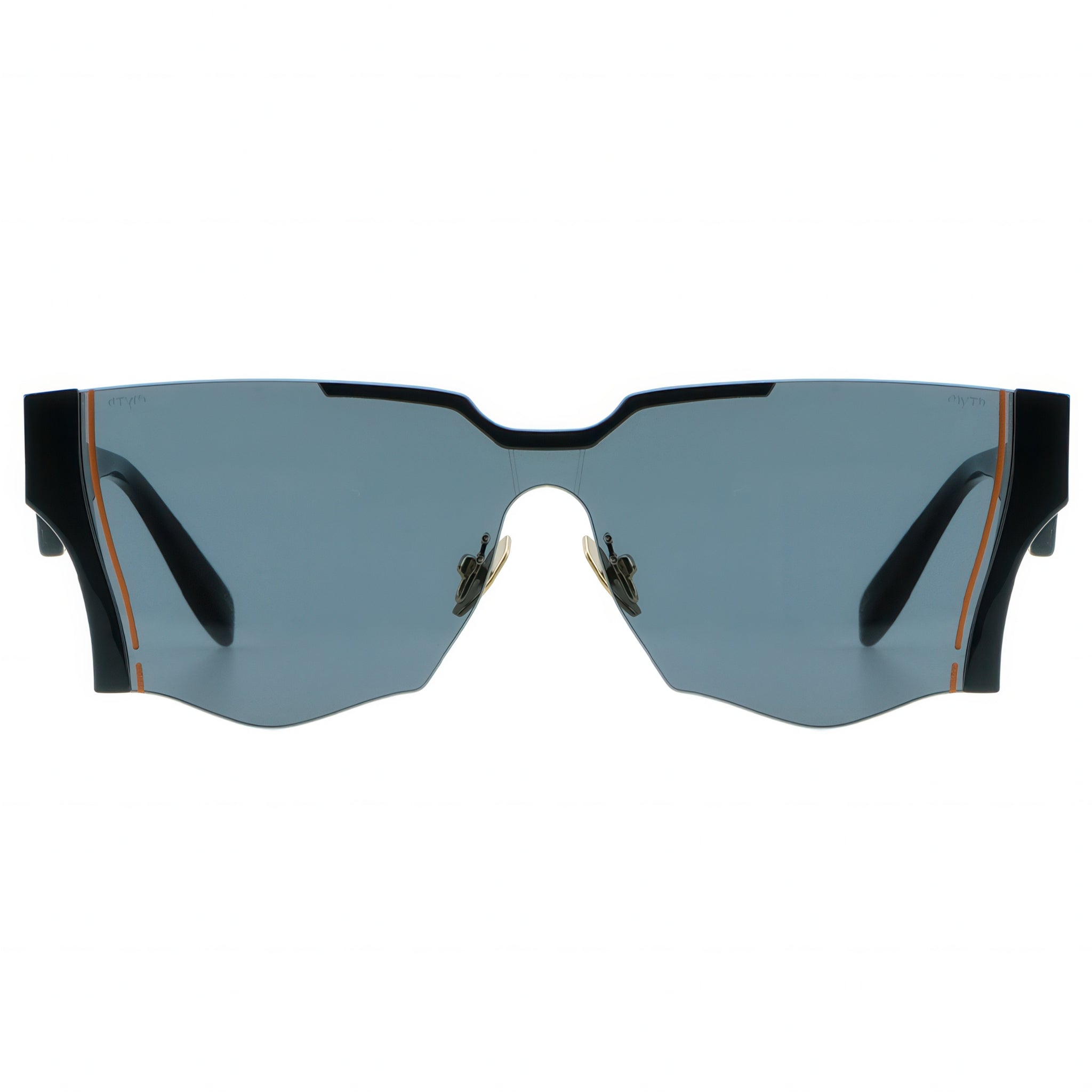 Sunglasses with black frame and blue lenses on a white background