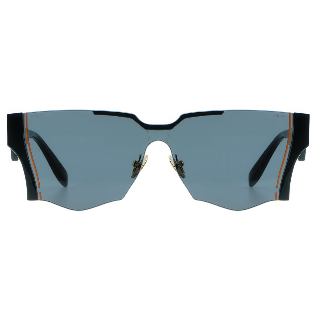 Sunglasses with black frame and blue lenses on a white background